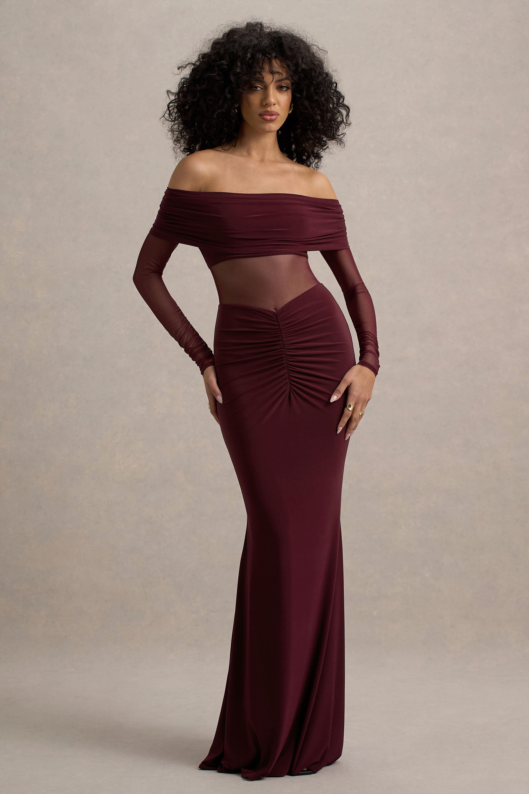 Ismeralda | Bordo File Detaylı Ruched Bardot Maxi Elbise