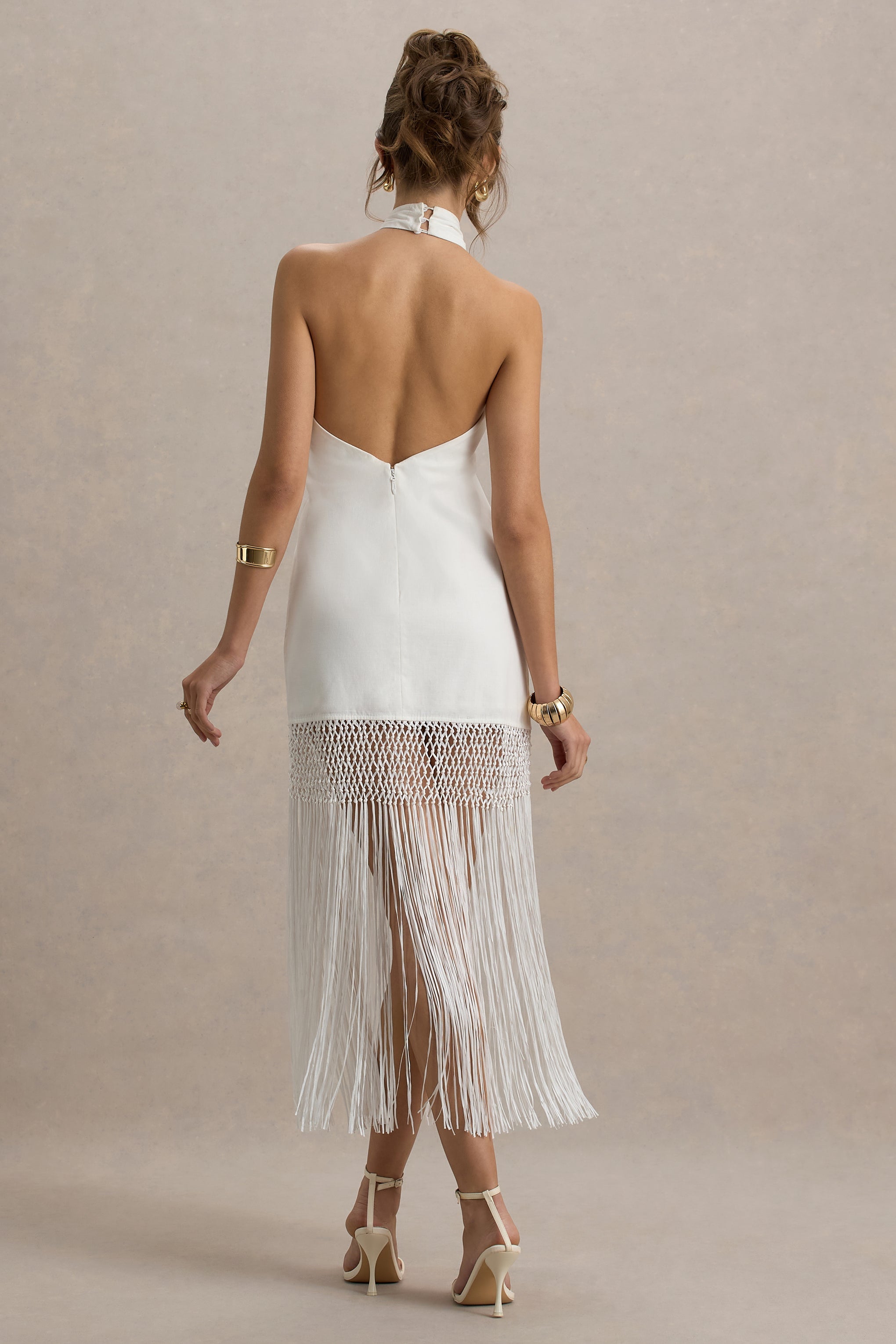 Fiametta | Ecru Keten Halter Yaka Fringed Maxi Elbise
