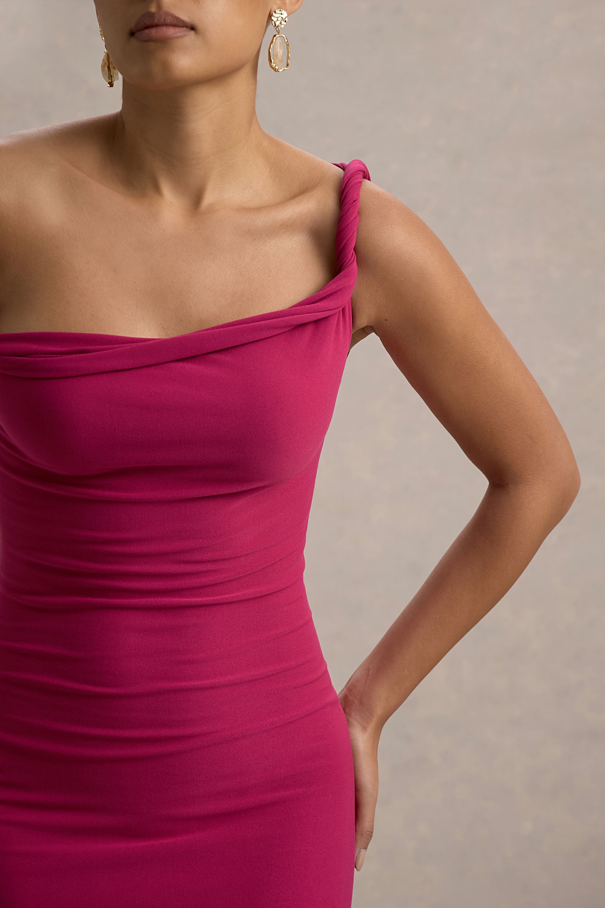 Lita | Sıcak Pembe Kıvrımlı Asimetrik Maxi Elbise