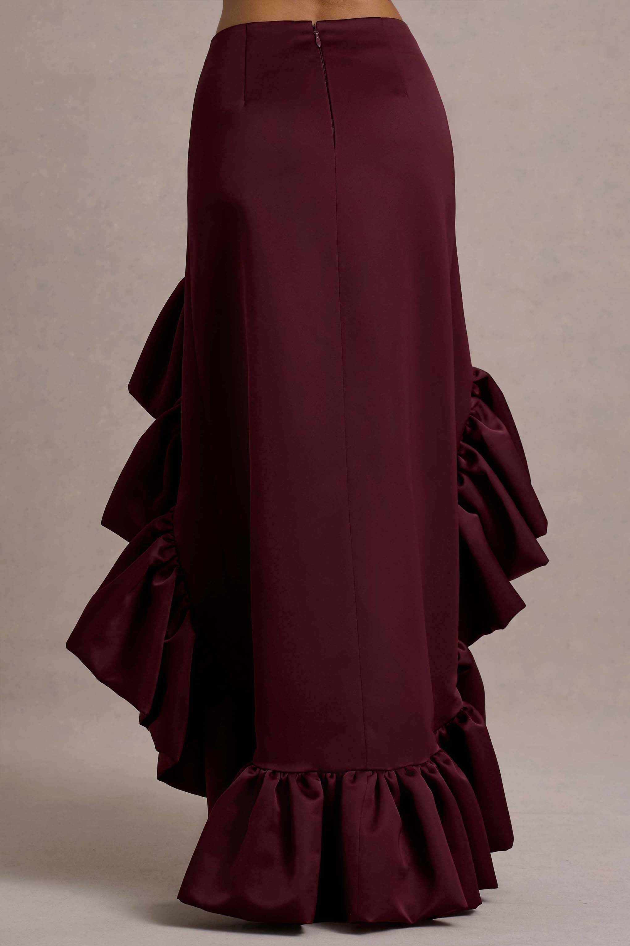 Ruby | Merlot Saten Yüksek-Düşük Maxi Etek