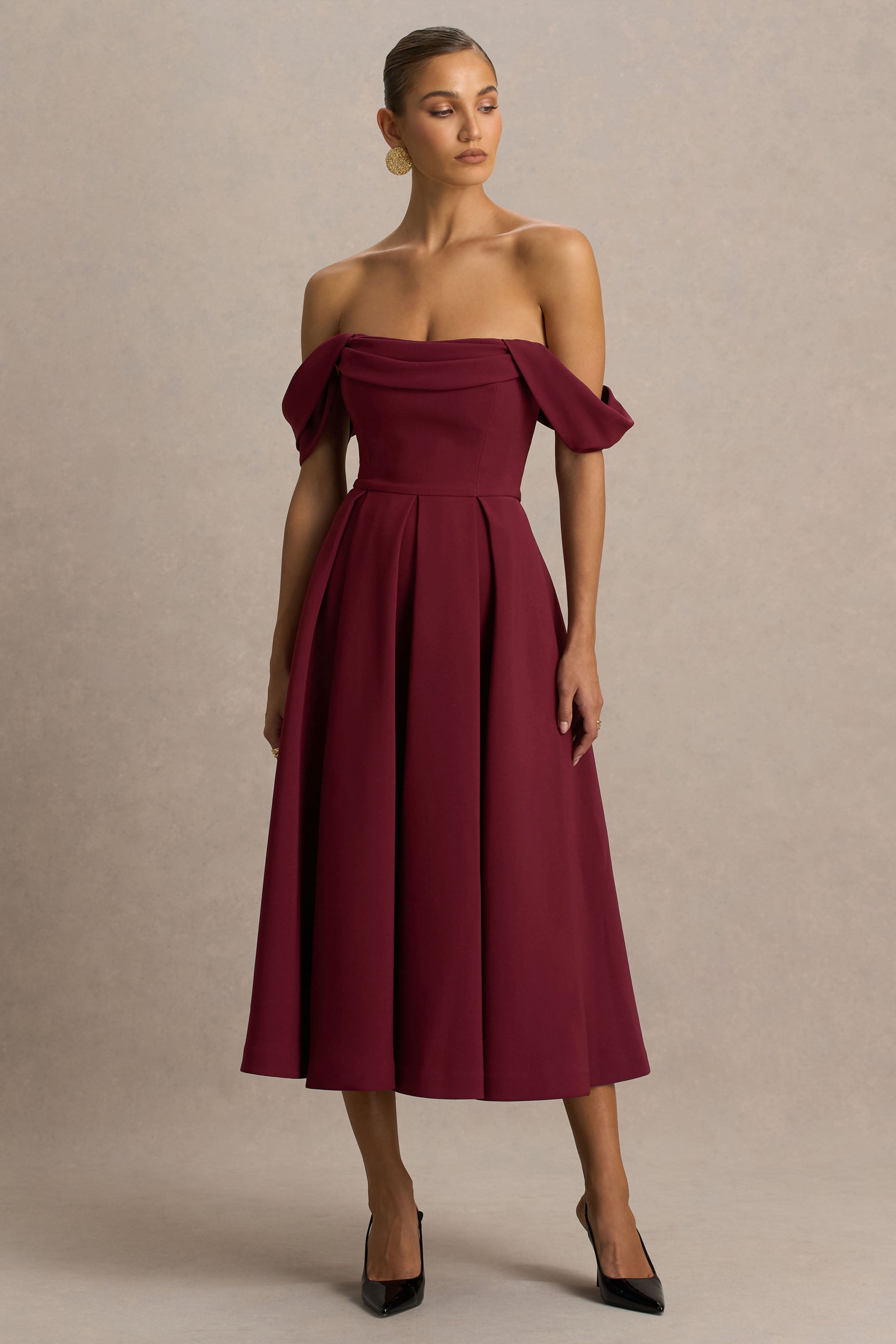 Cosima | Bordo Bardot Yaka Midi Elbise