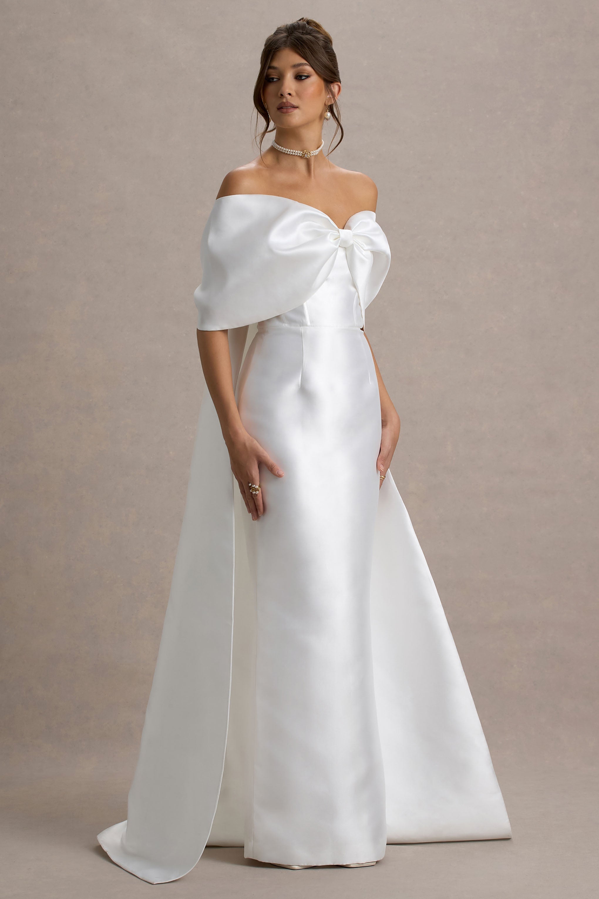 Daha Fazlasını İstemek | Büyük Kemerli Off White Saten Maxi Elbise