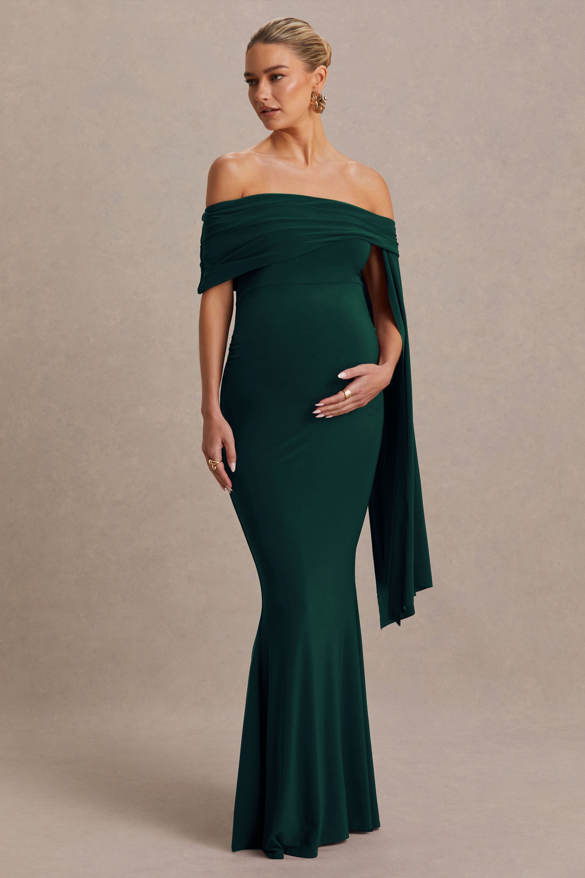 Aquila | Şişe Yeşili Bardot Hamile Maxi Elbise Drape Kol Detayı ile