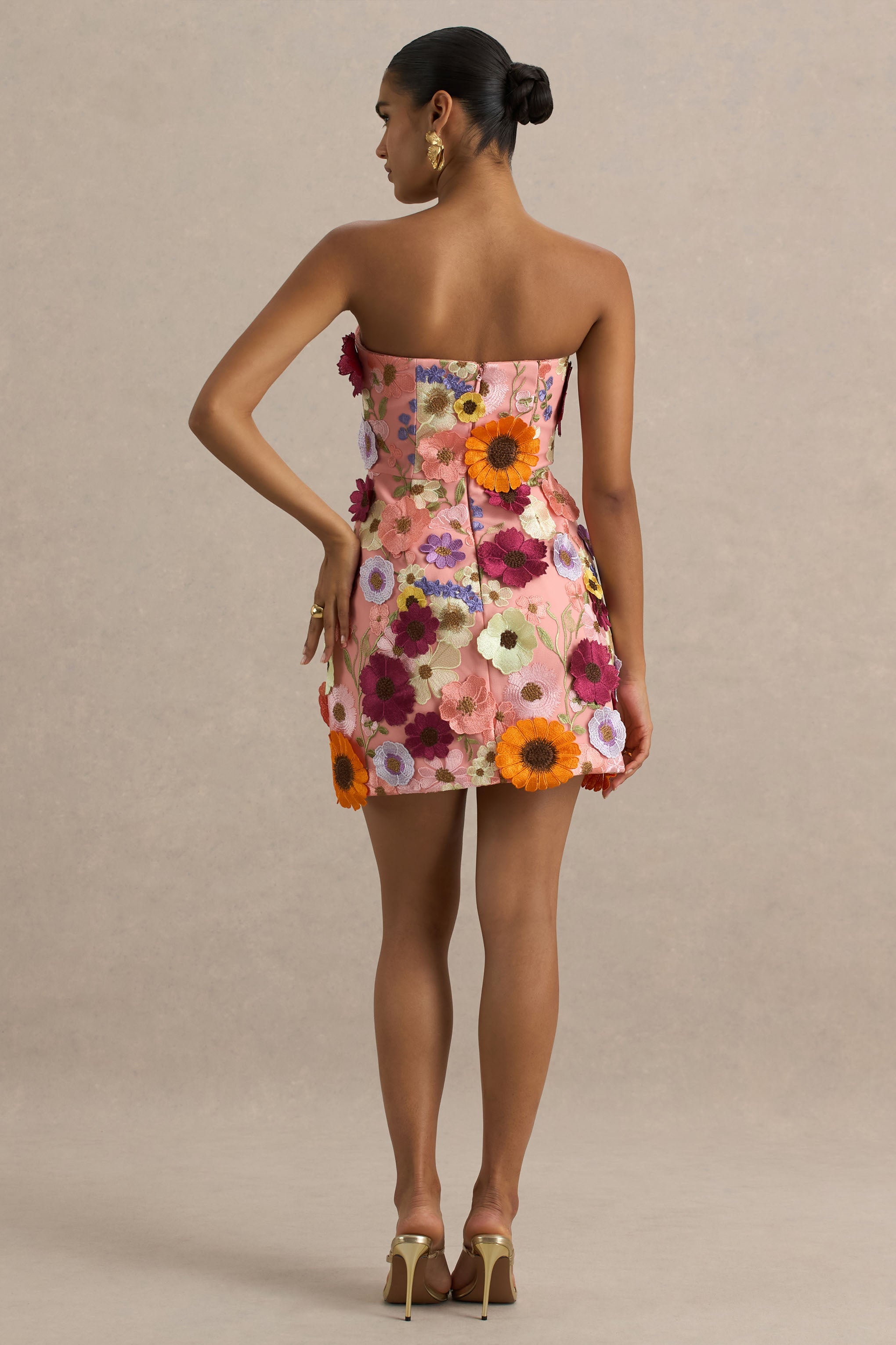 Kristen | Pembe Çiçek Desenli Bandeau Yaka Mini Elbise