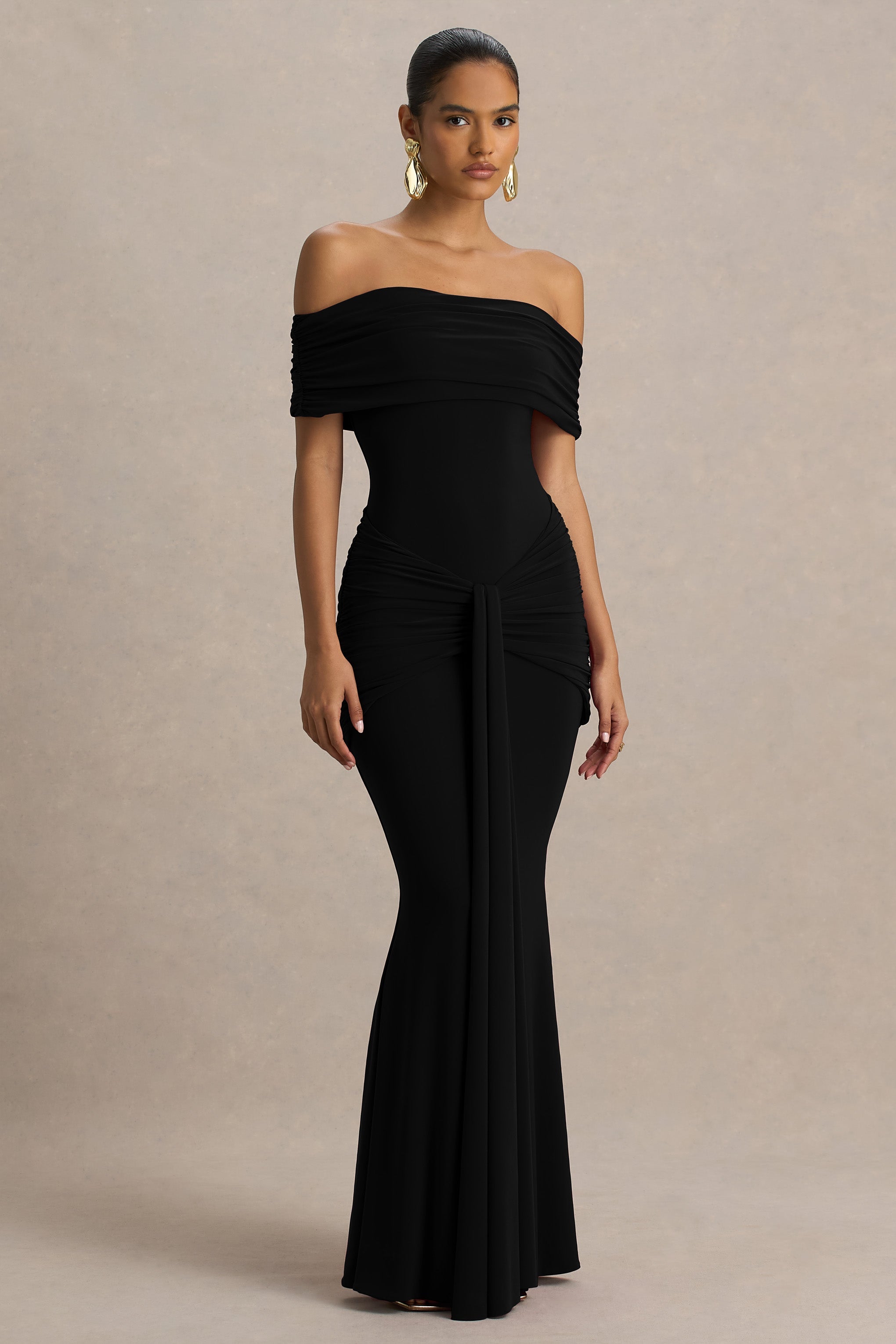 Hayal Edilen | K gathered ve Drape Detaylı Siyah Bardot Yaka Maxi Elbise