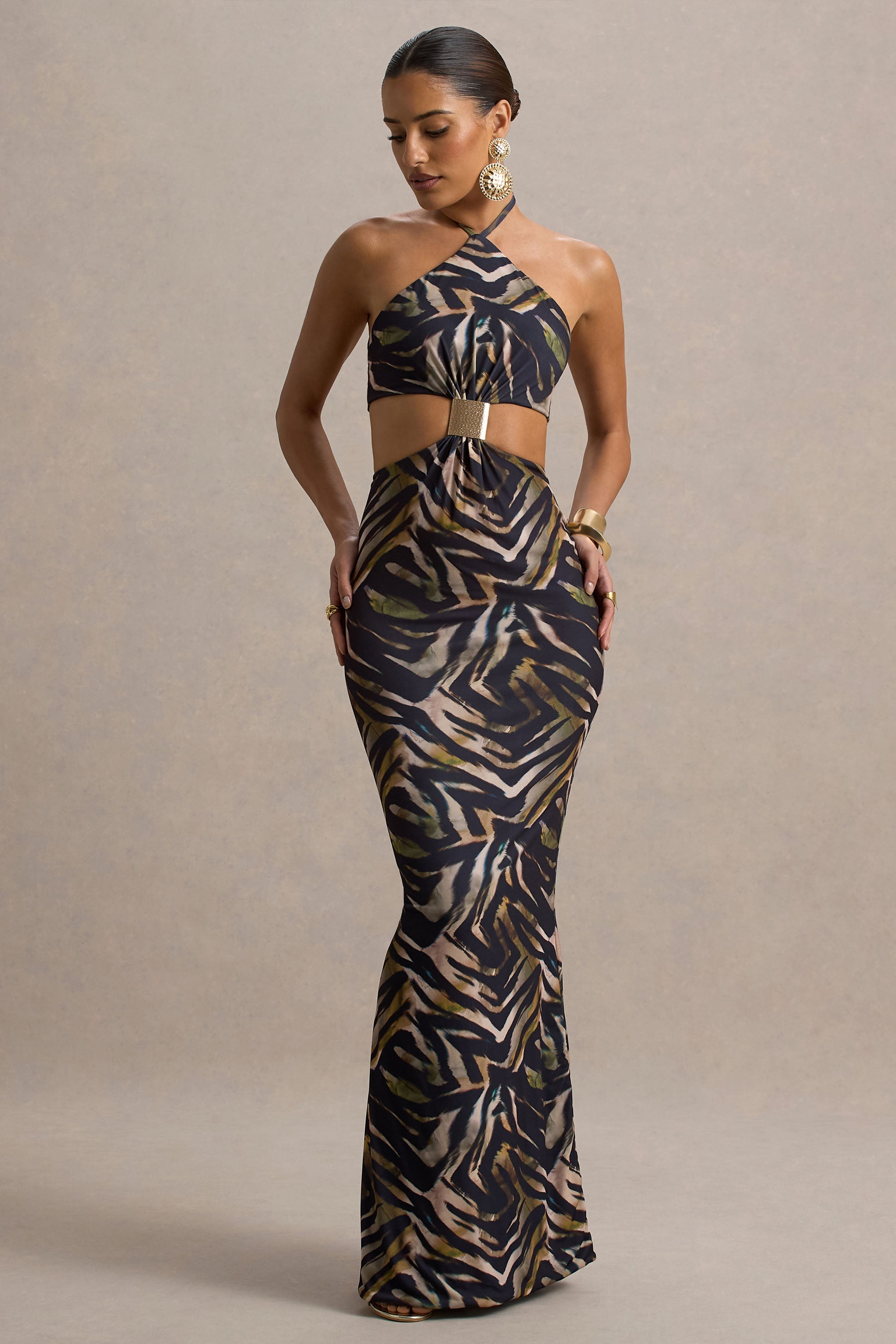Olina | Zebra Desenli Halter Yaka Kesik Maxi Elbise