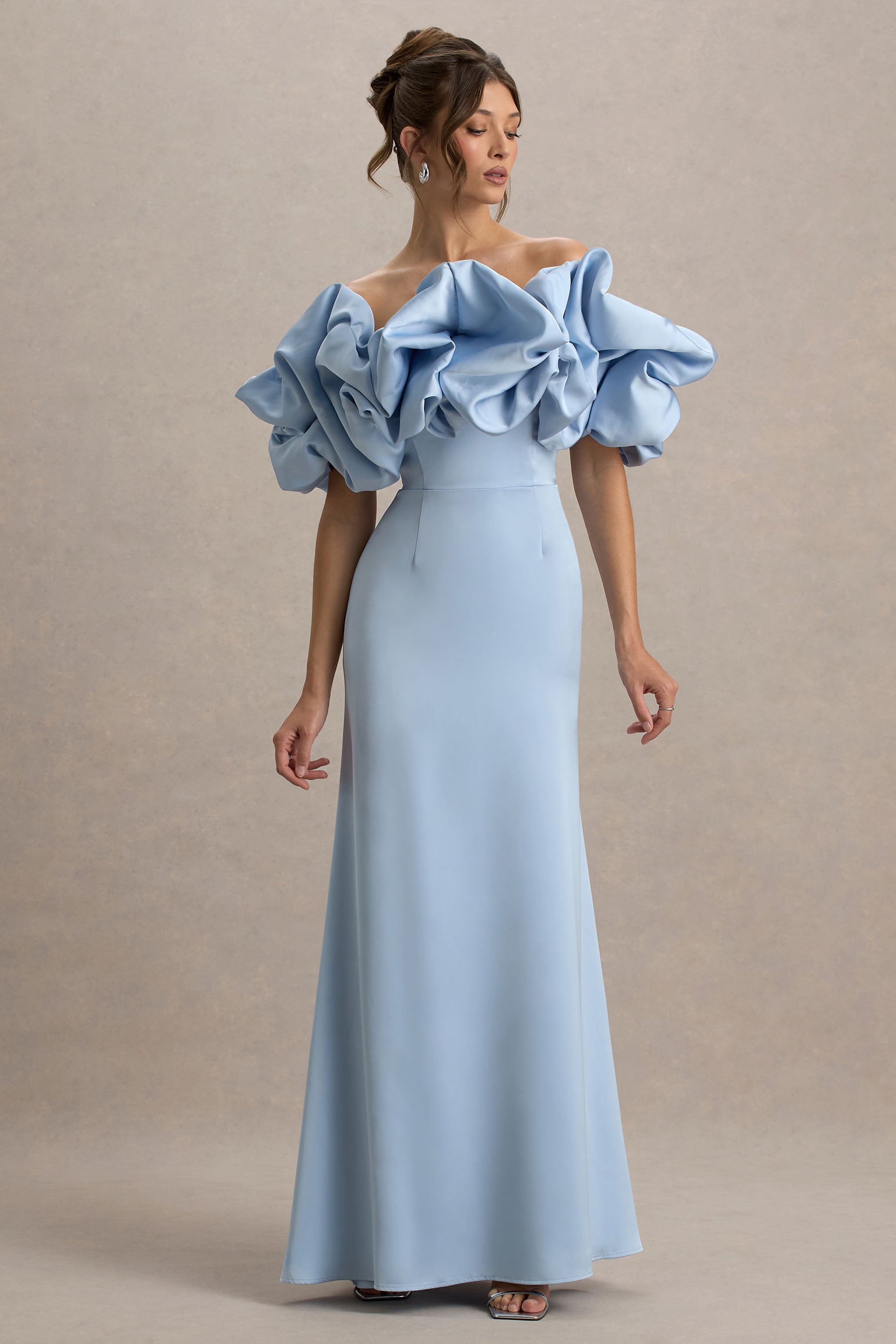 Allie | Toz Mavi Puff Bardot Maxi Elbise