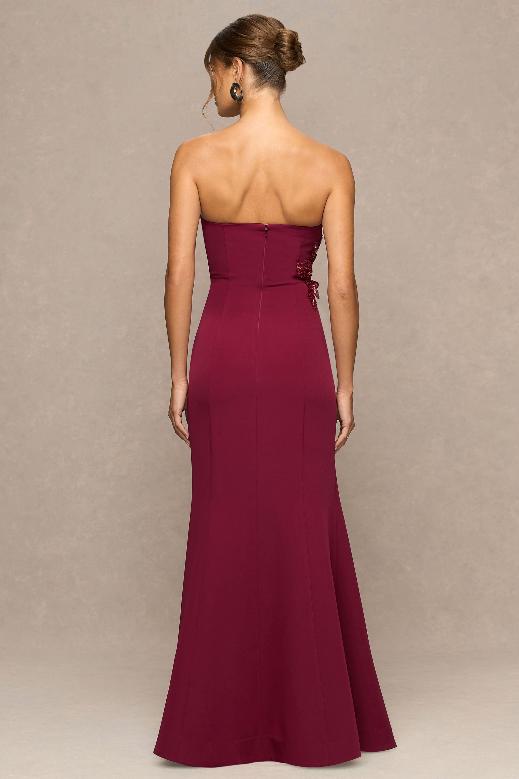 Aylana | Bordo Bandeau Maxi Elbise Süsleme Detayı ile