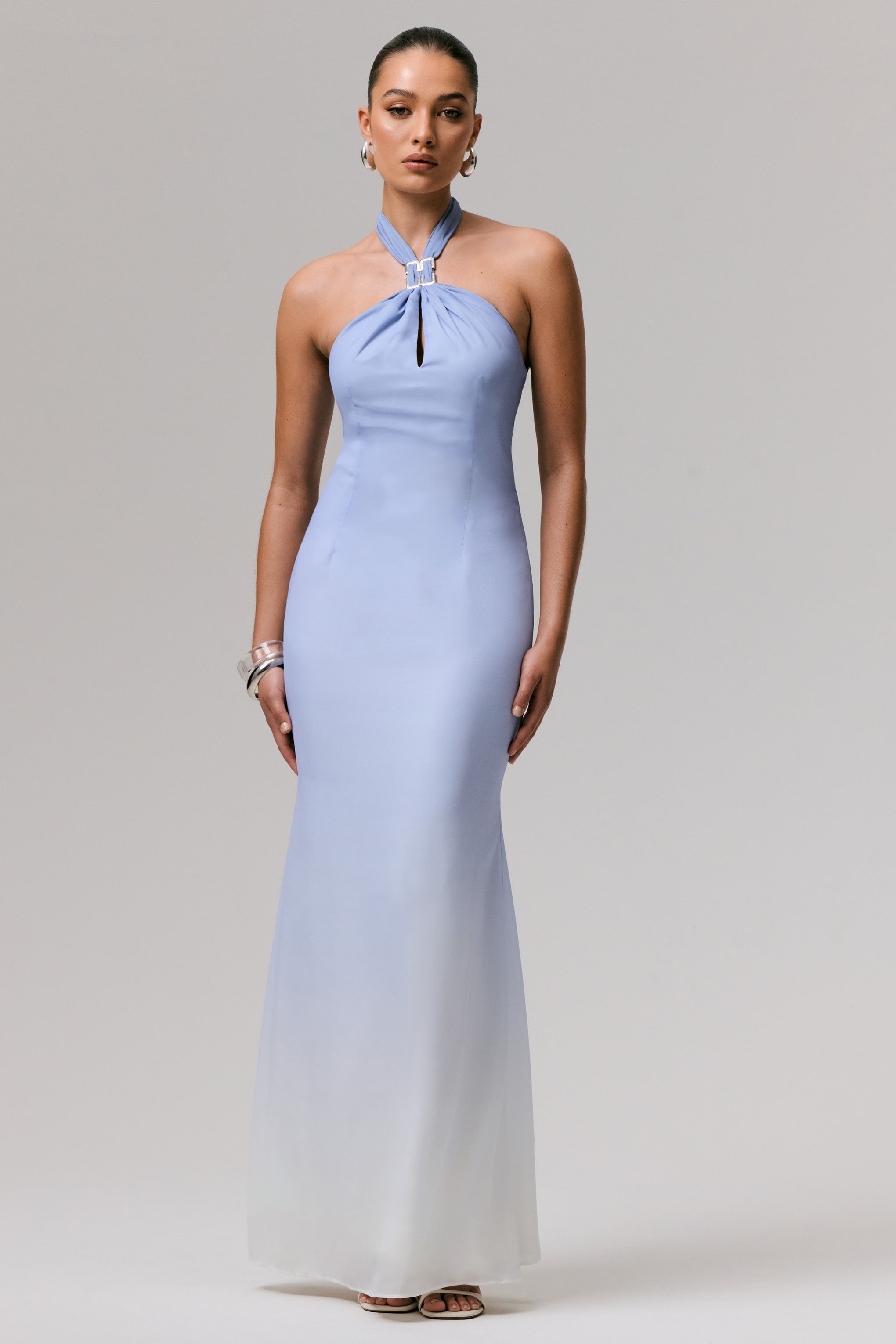Sharni | Mavi Ombre Şifon Halter Yaka Maxi Elbise