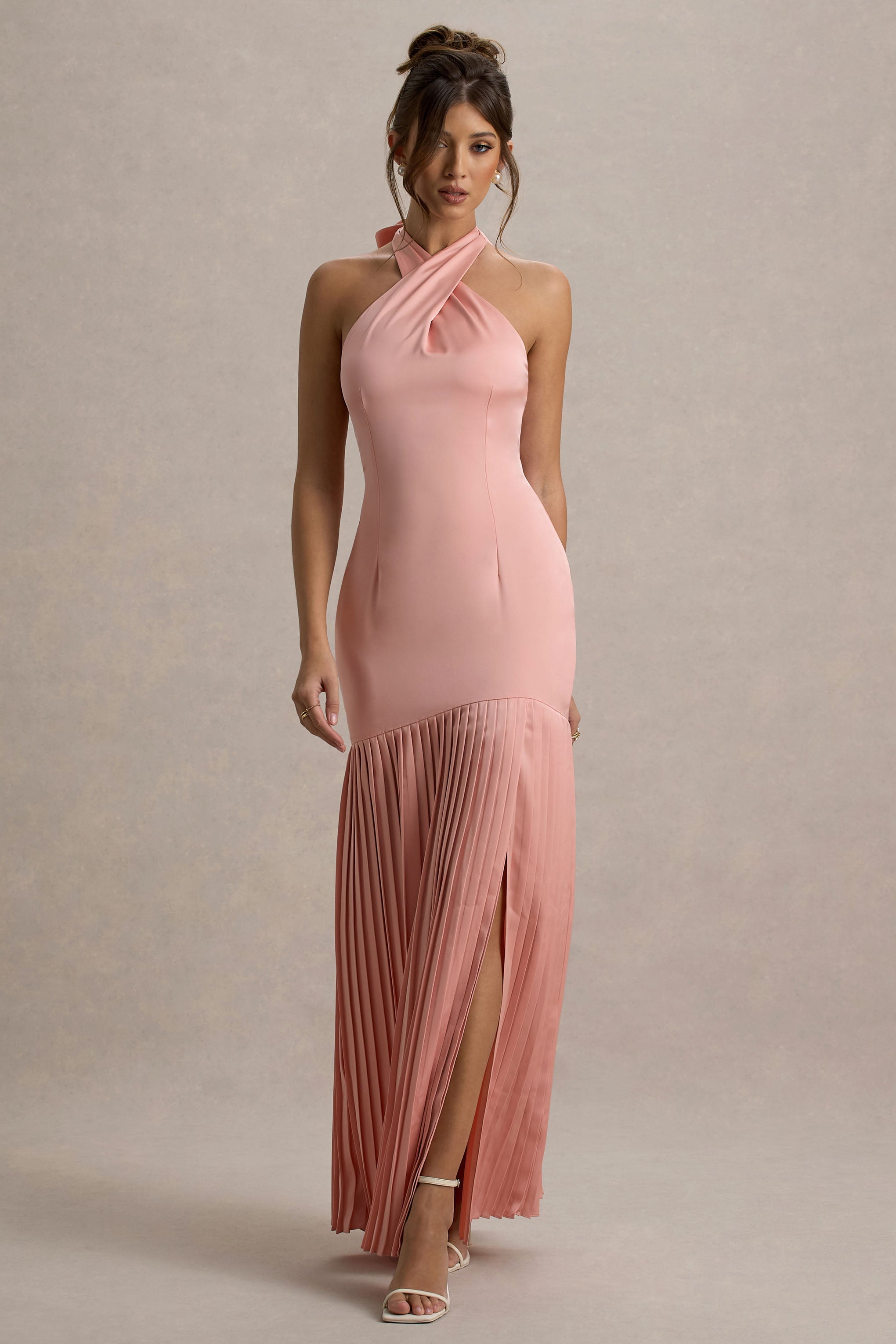 Sansa | Açık Pembe Saten Çapraz Halter Yaka Plise Maxi Elbise