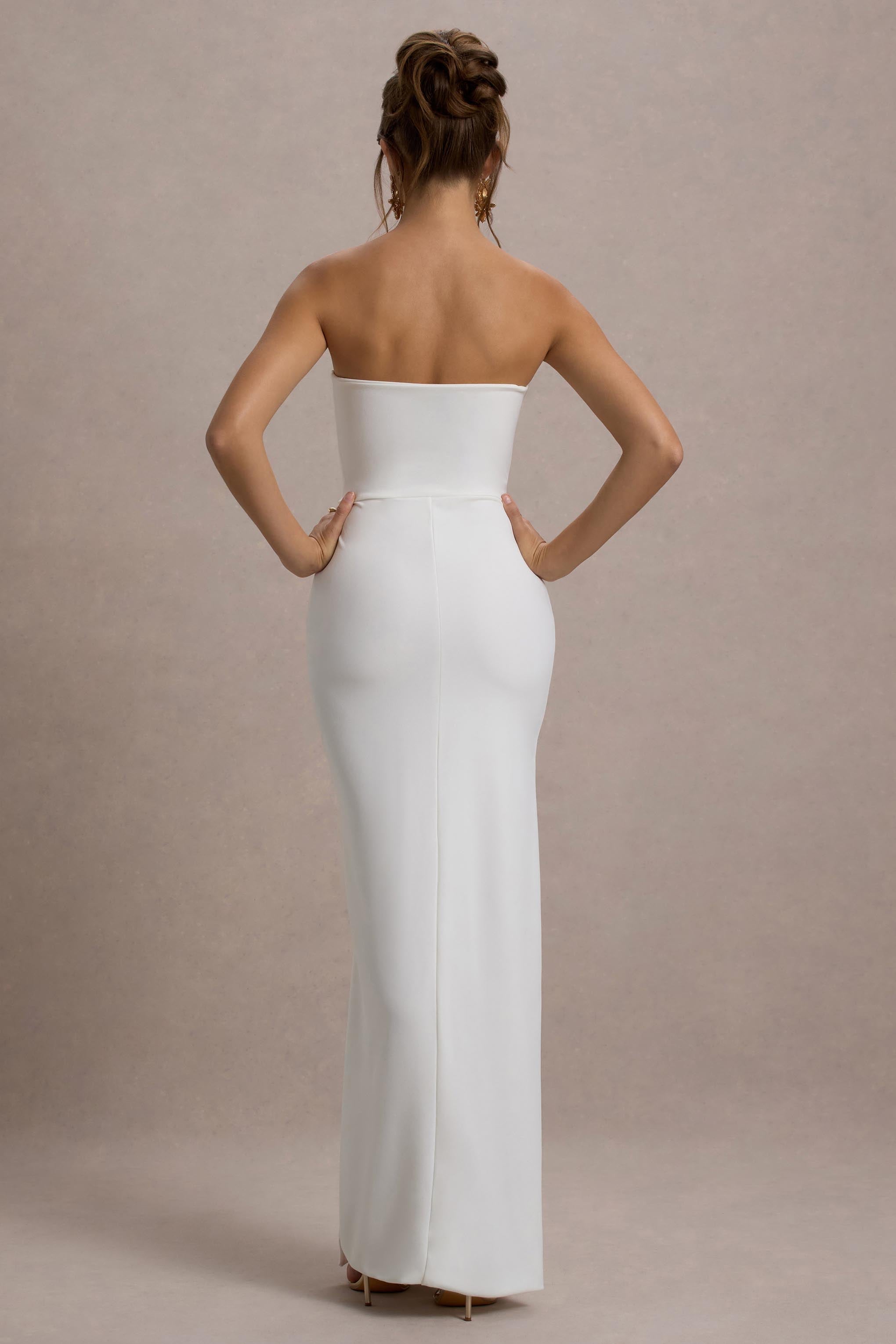 Balodaki Güzel | Yırtmaçlı Beyaz Bandeau Maxi Elbise