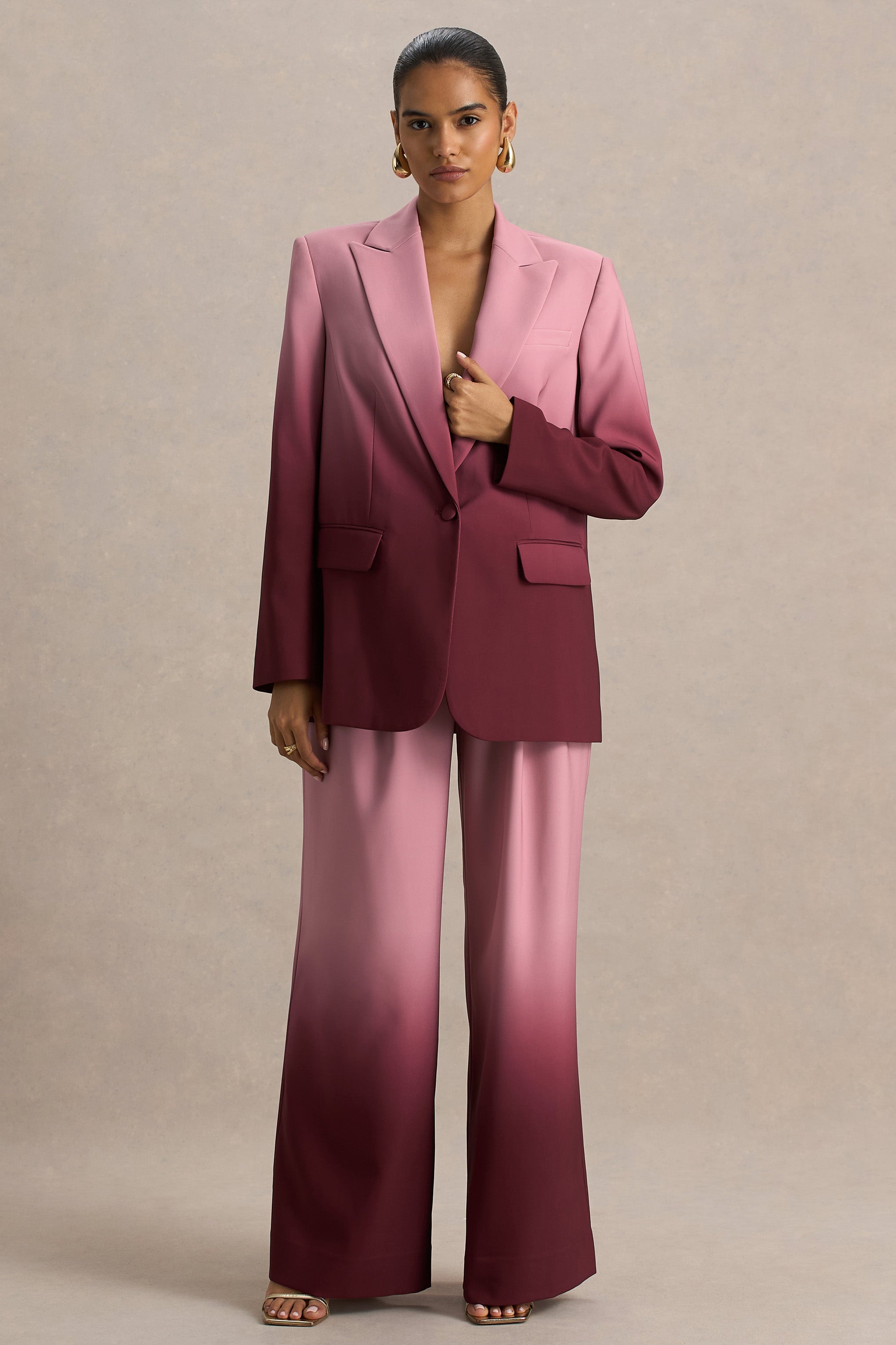 Enya | Kiraz Ombre Derin Yaka Saten Blazer
