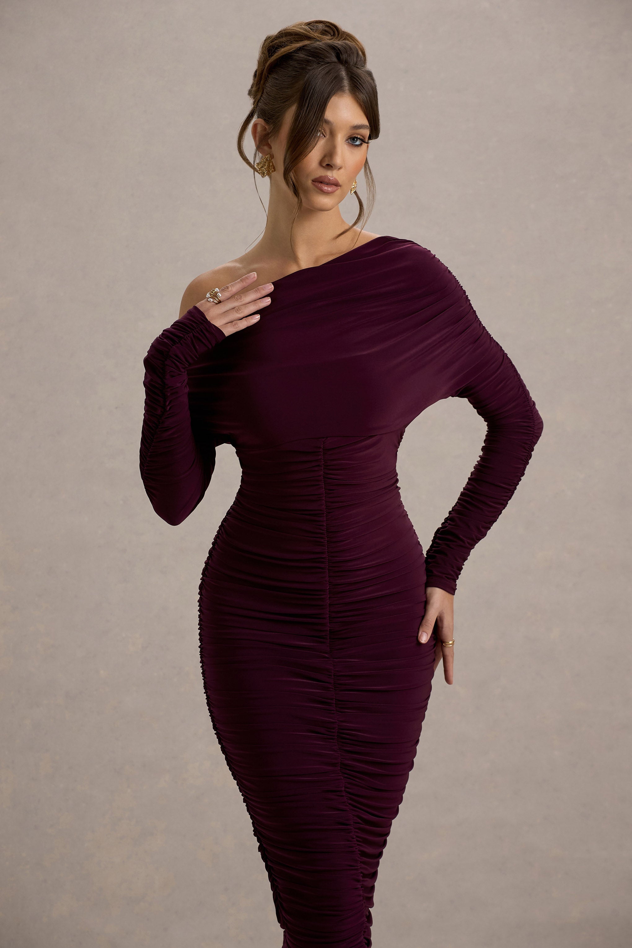 Sinclair | Erguvan Renkli Tek Omuzlu Bodycon Midi Elbise