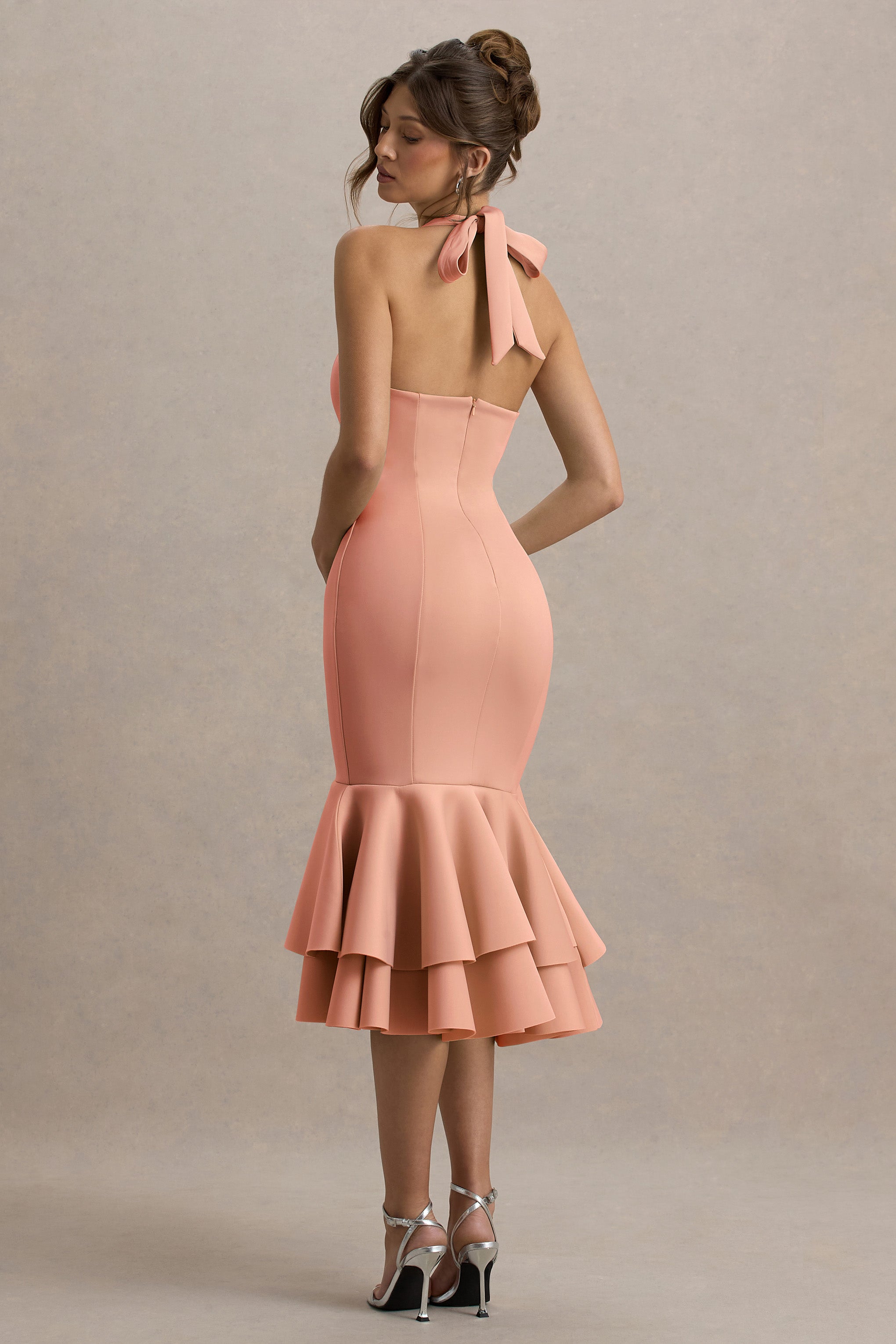 Arla | Pembe Halter Yaka Volanlı Midi Elbise
