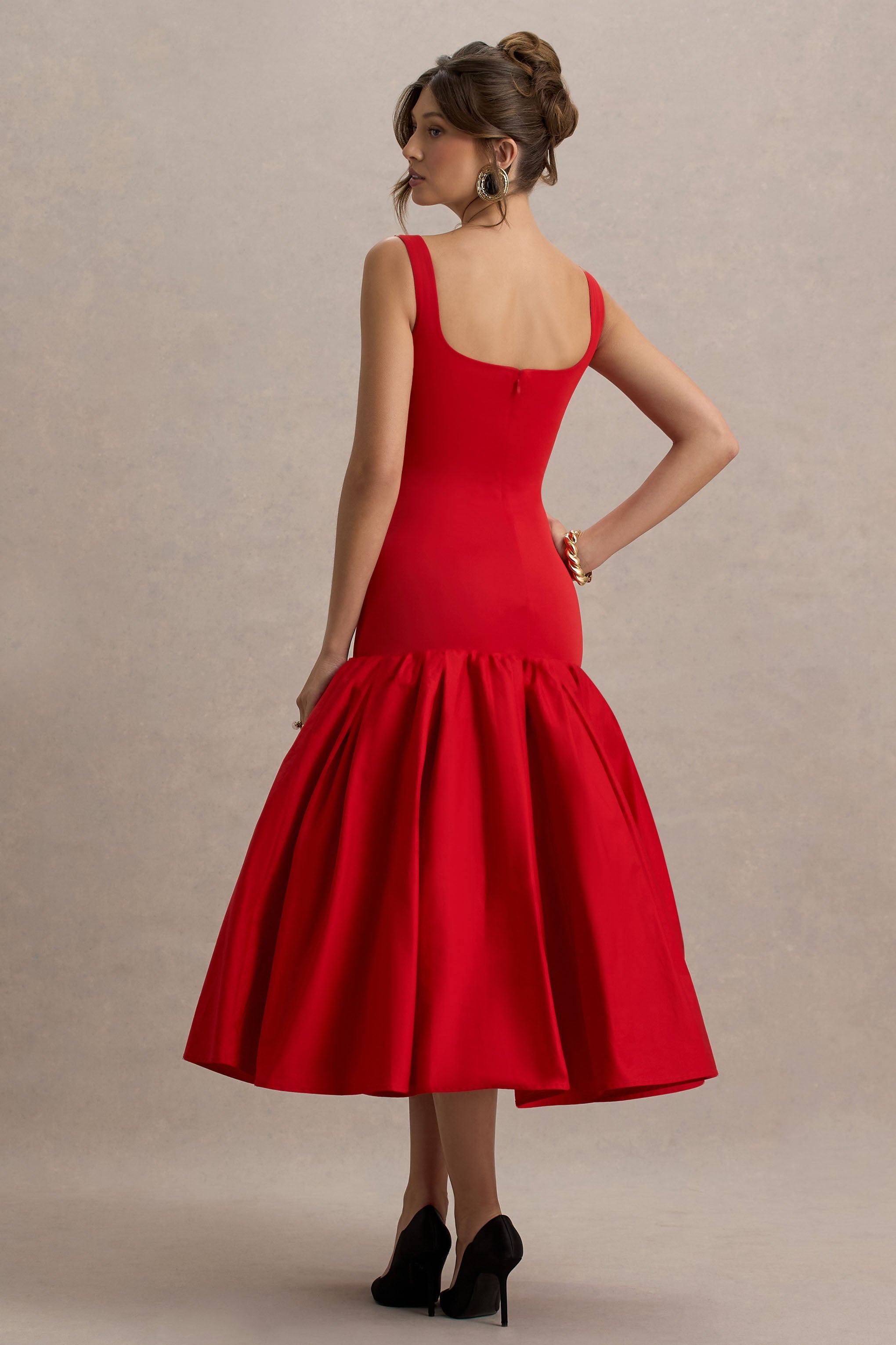 Parida | Peplum Etekli Kırmızı Poplin Midi Elbise