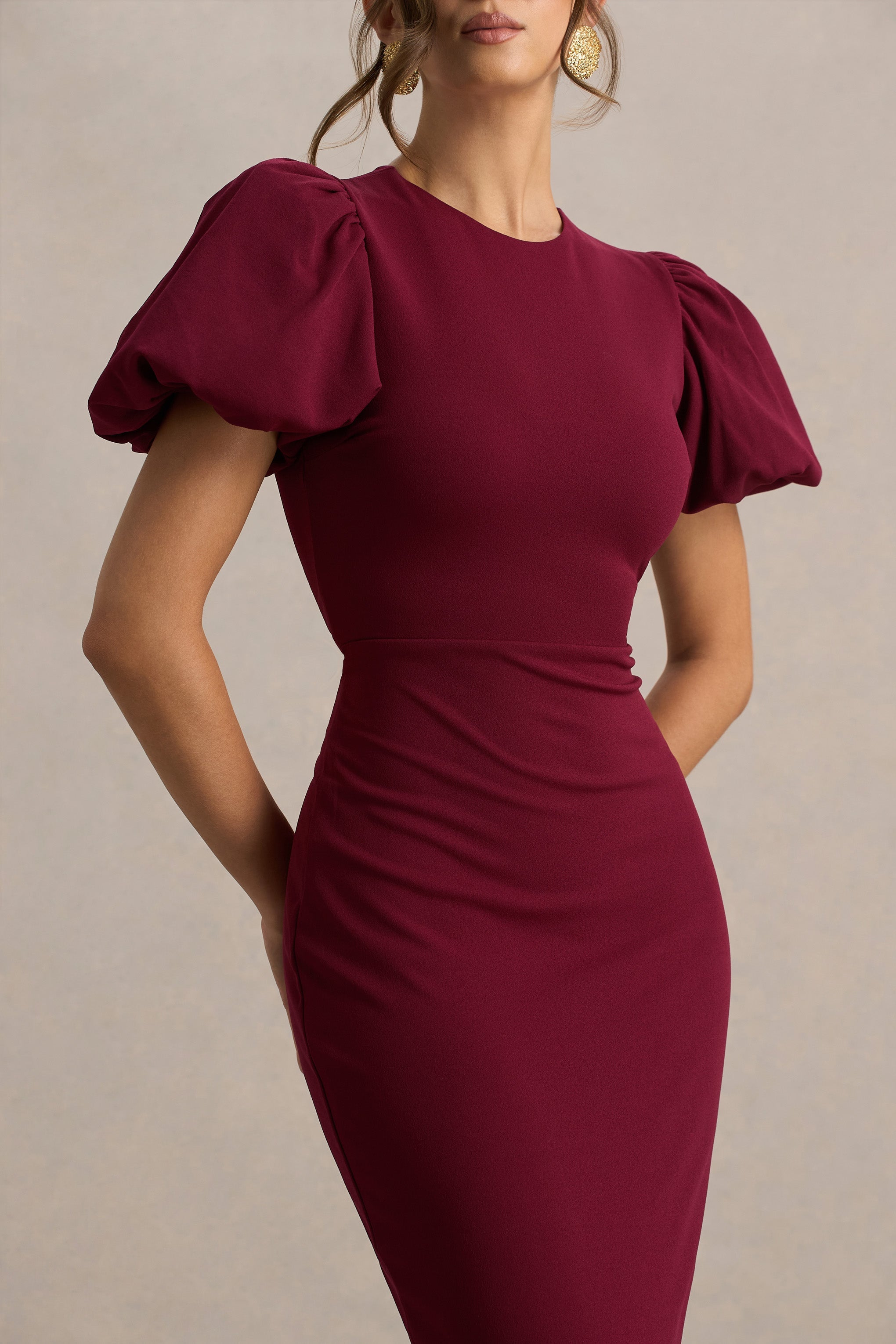 Dakota | Bordo Puff-Sleeve Midi Elbise