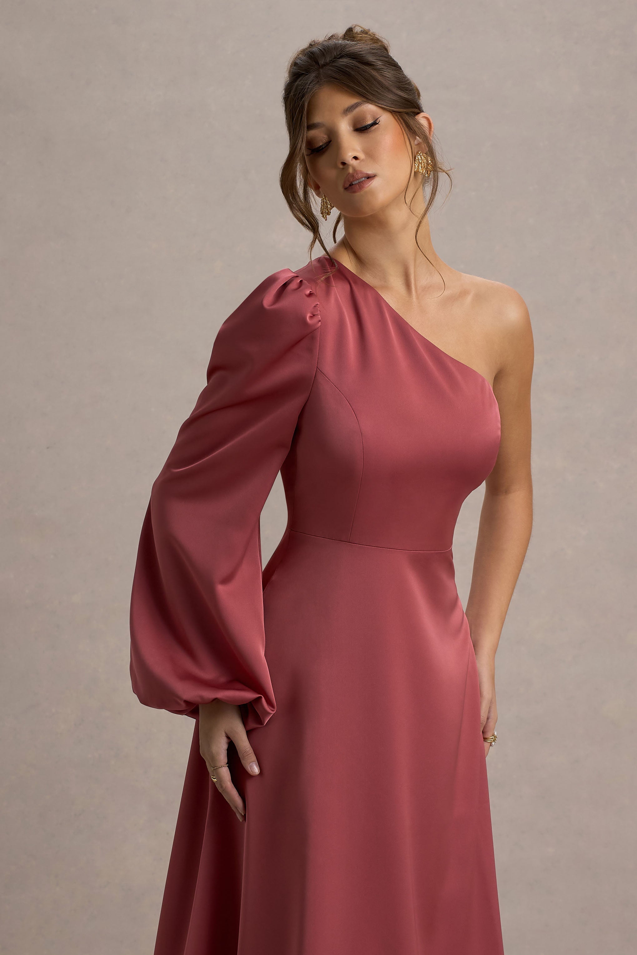 Haila | Pembe Saten Tek Omuzlu Midi Elbise