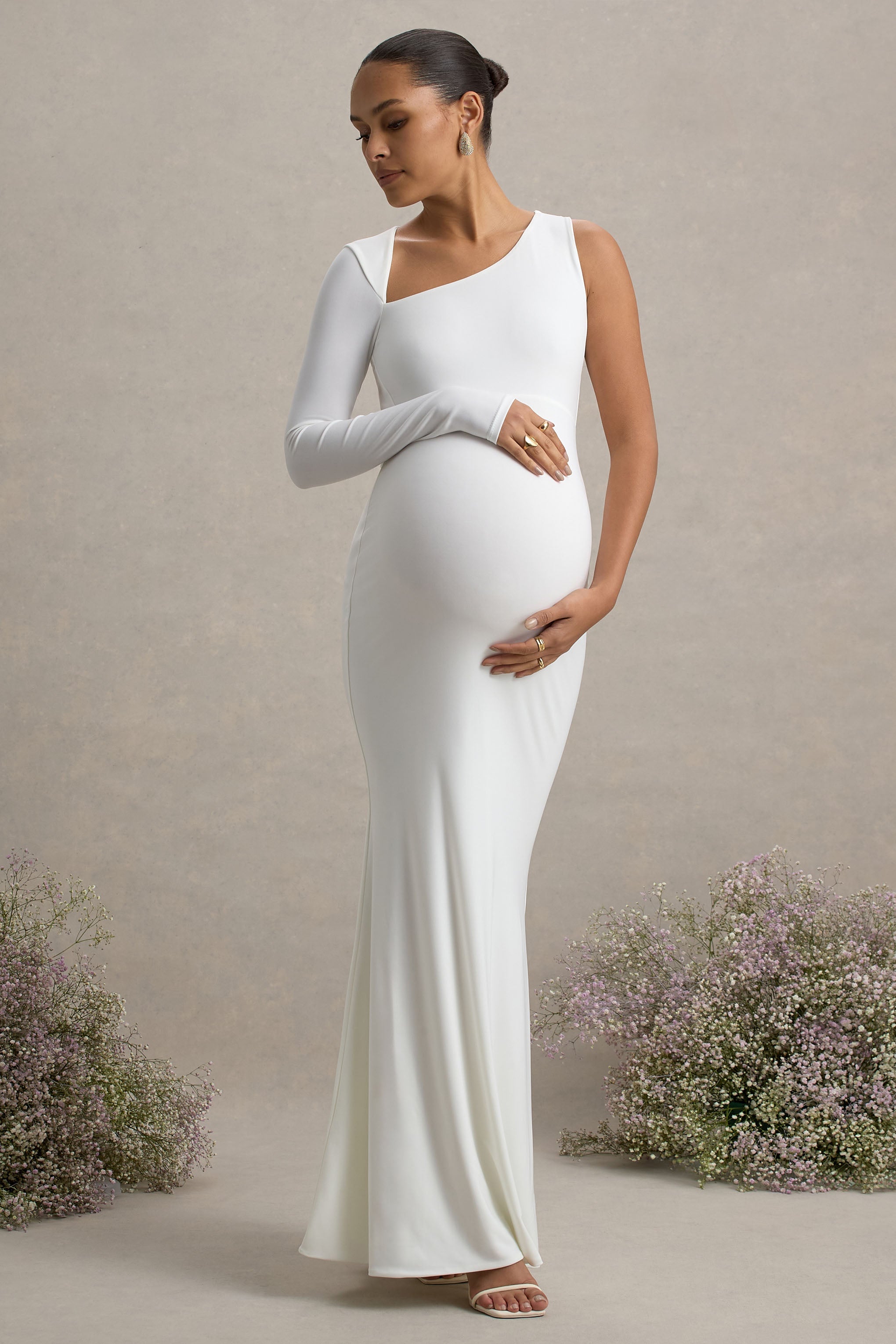 Oh Baby | Beyaz Hamile Tek Omuzlu Bodycon Maxi Elbise