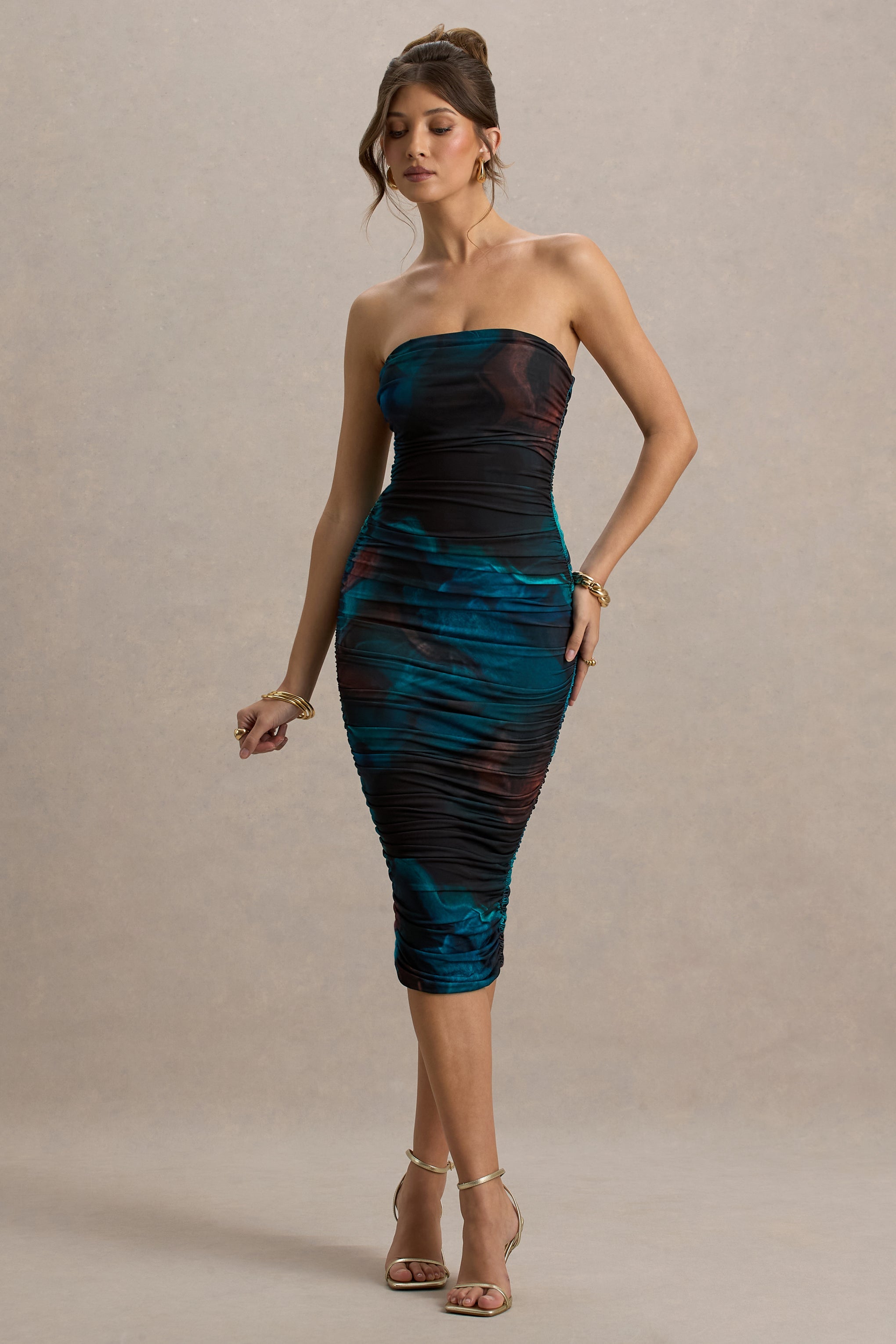 Kızım | Mavi Desenli Askısız Bodycon Fırfırlı Şifon Midi Elbise