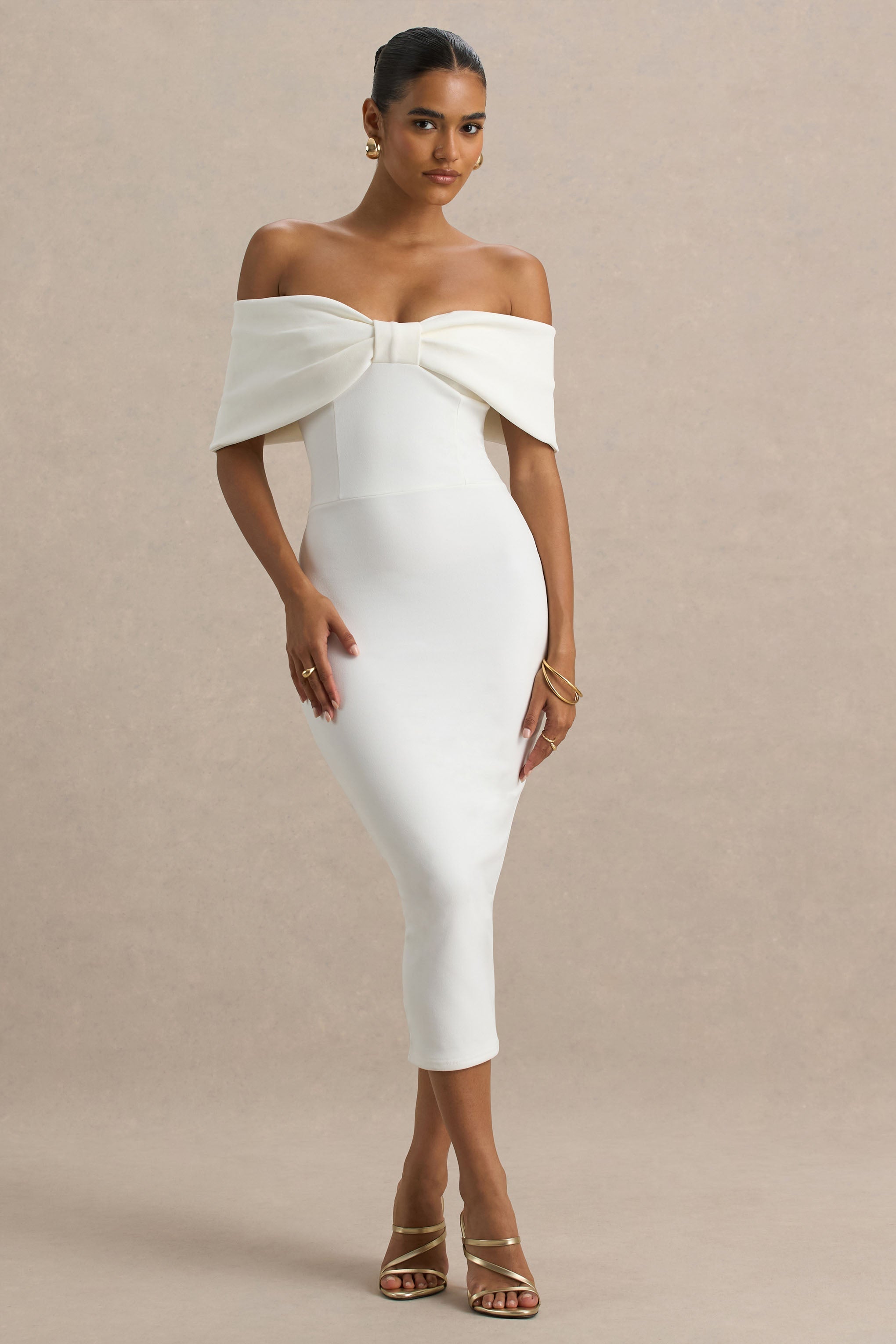 Bayshore | Beyaz Kemerli Bardot Midi Elbise