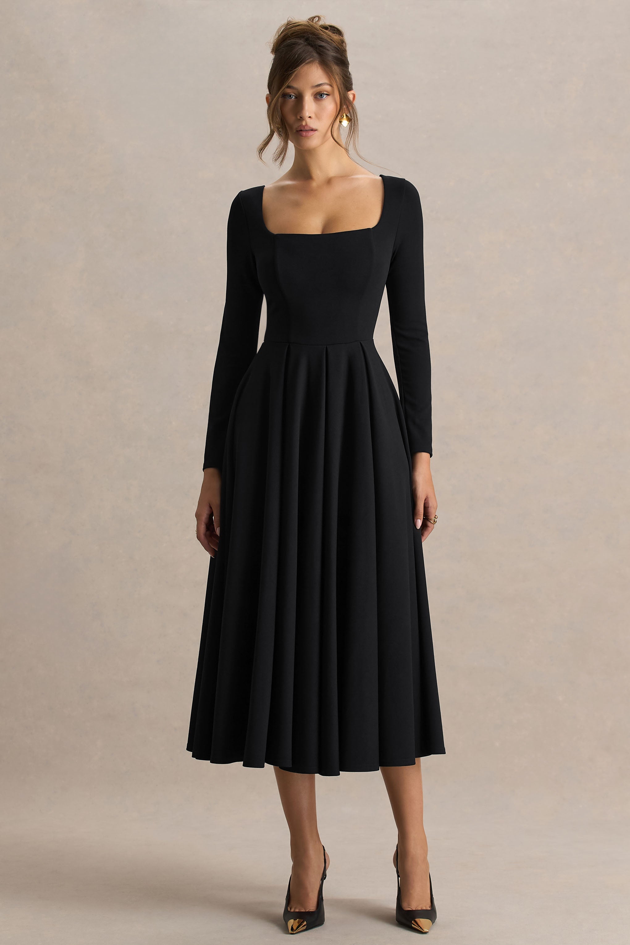 Alison | Siyah Kare Yaka A-Line Midi Elbise