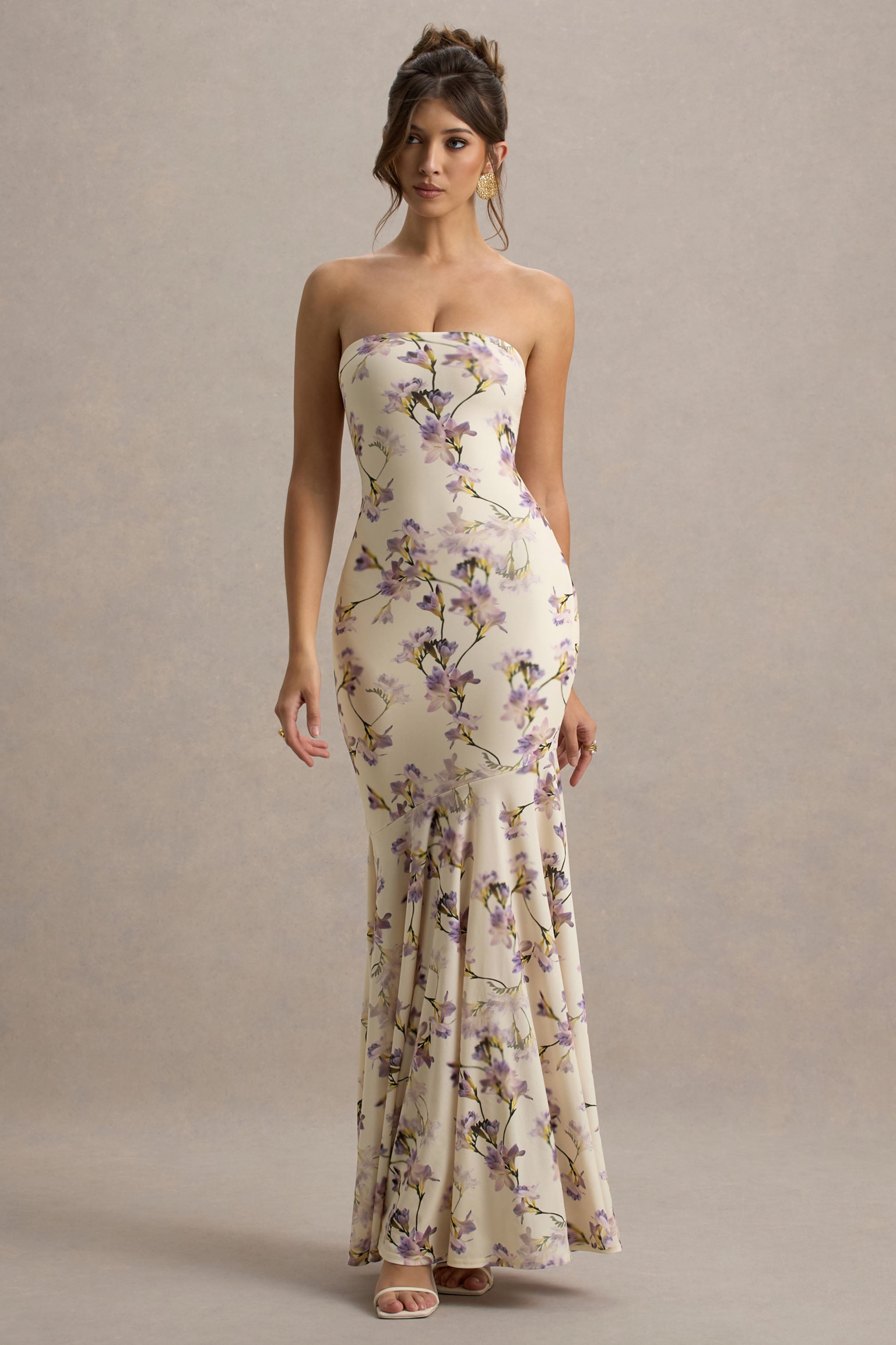 Callie | Limon Çiçekli Bandeau Kuyruklu Maxi Elbise