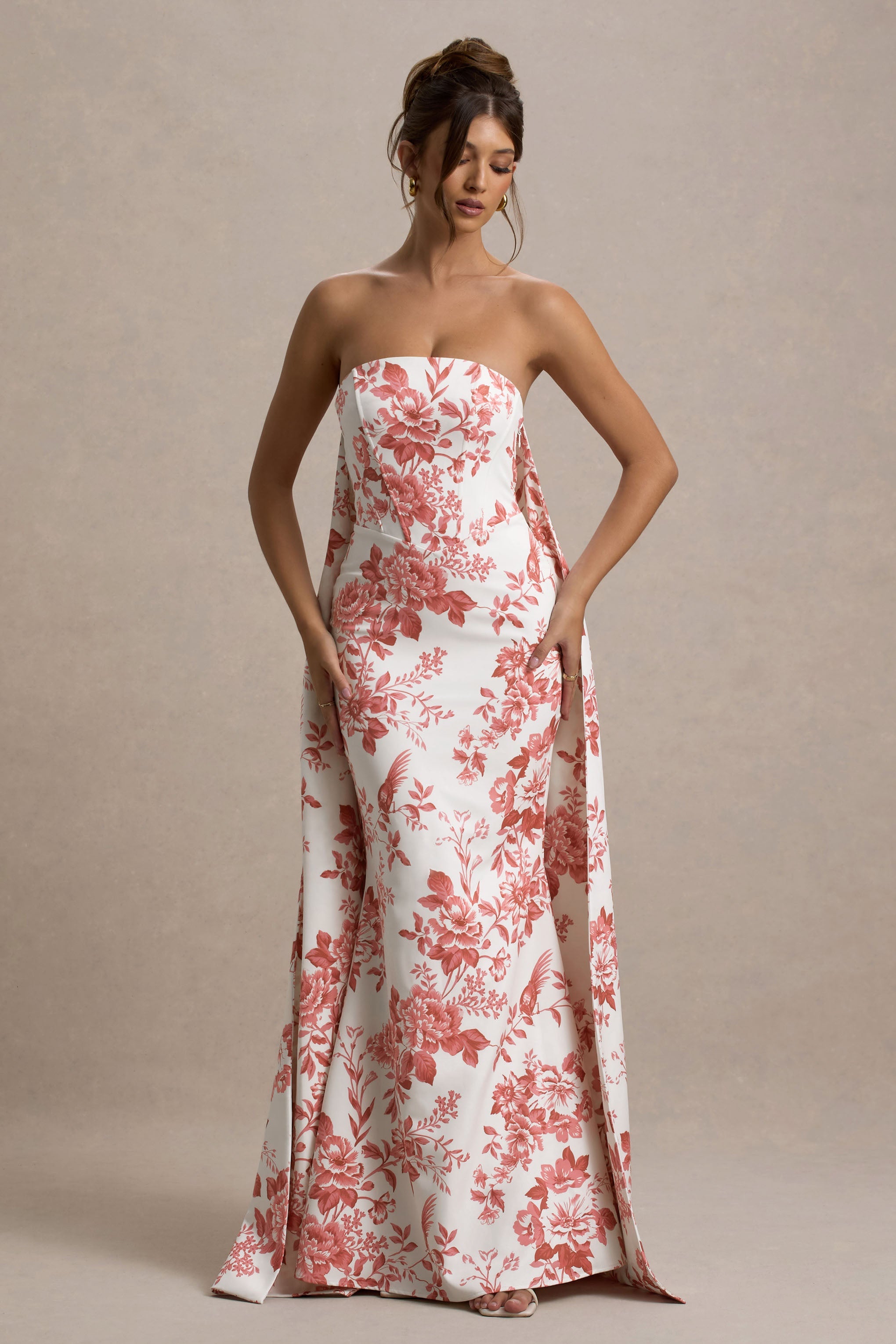Lywenn | Pembe Porselen Desenli Bandeau Maxi Elbise Pelerin ile