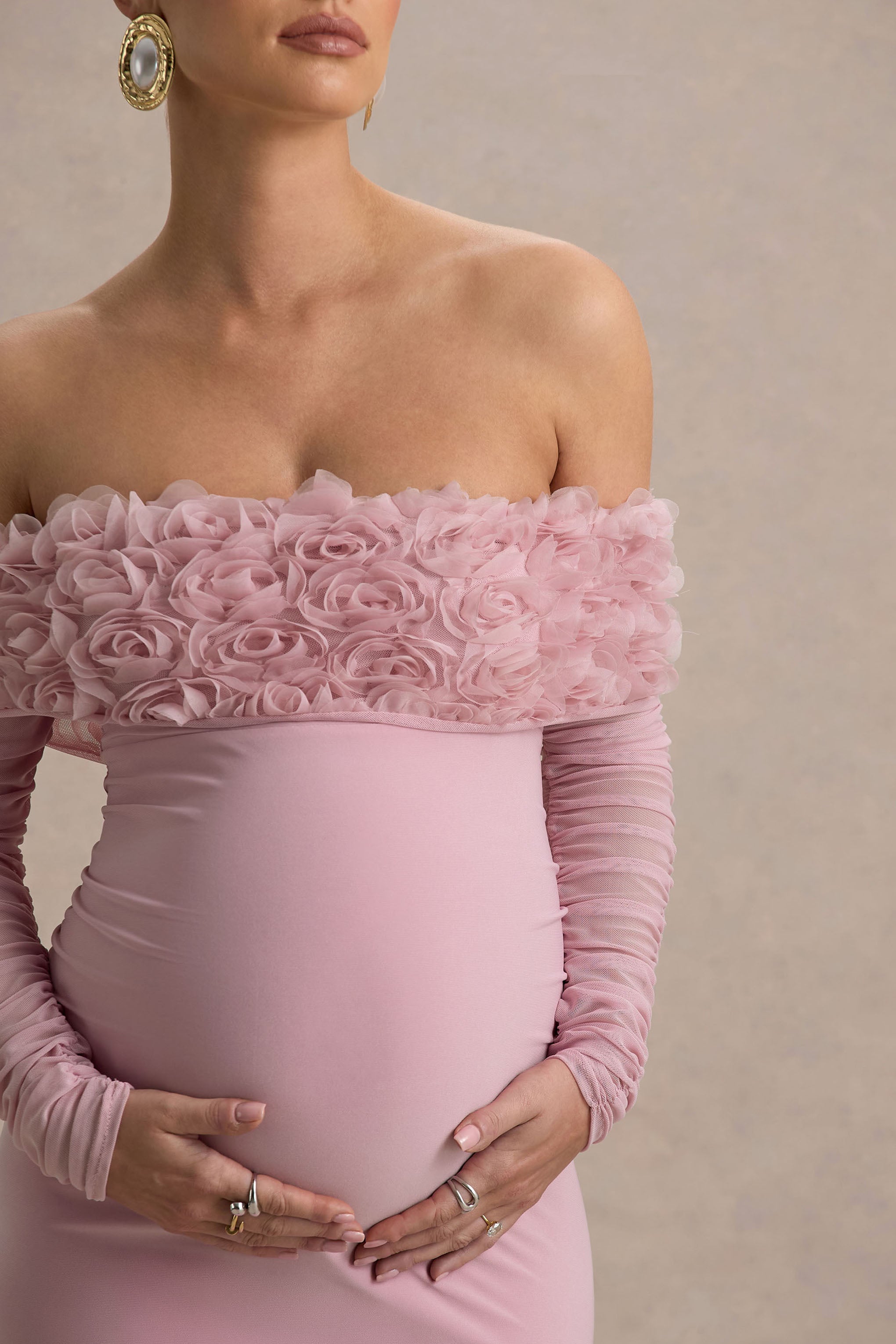 Adita | Pembemsi Pembe Dantel Çiçekli Bardot Hamile Midi Elbise