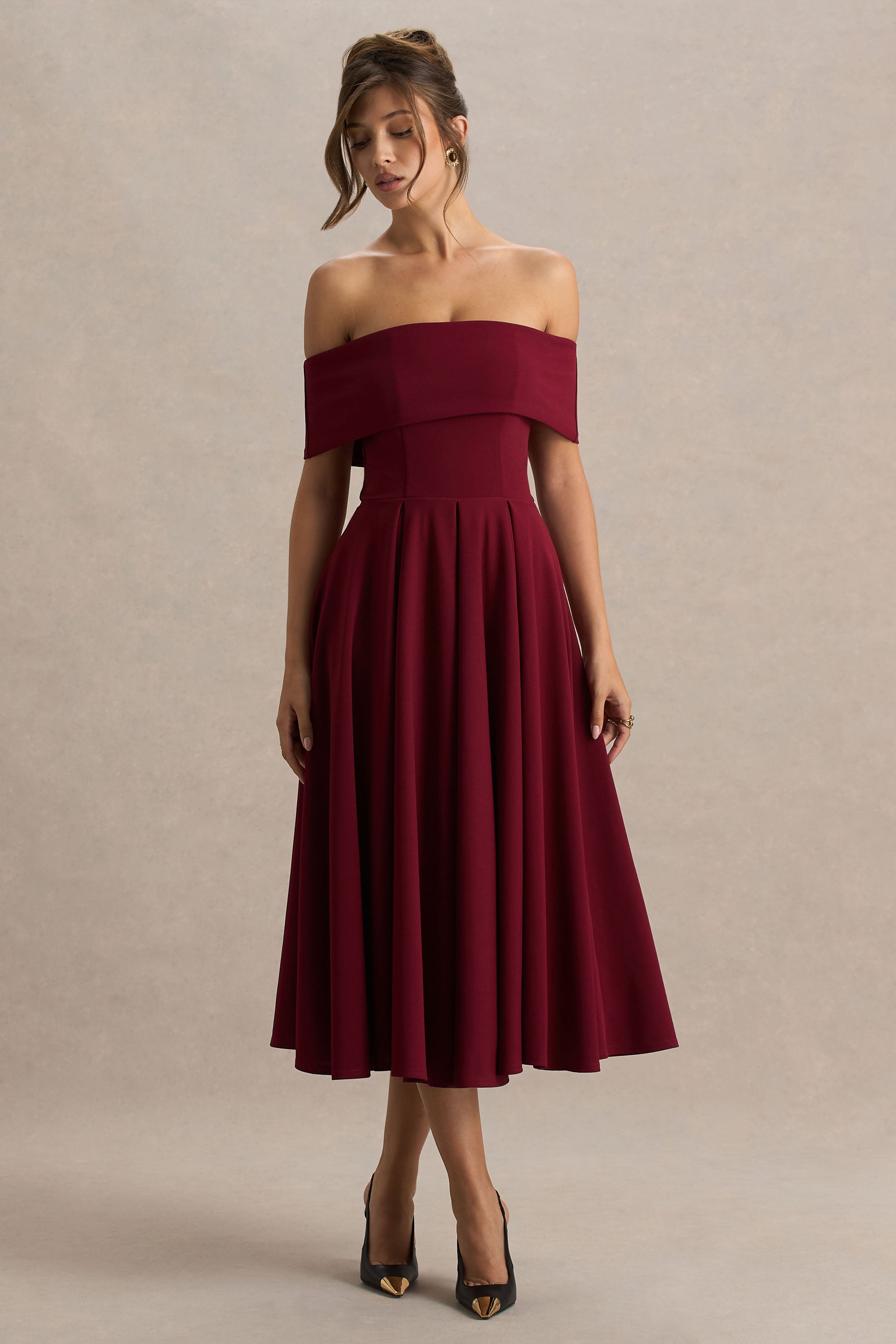 Isabella | Bordo Bardot Yaka Midi Elbise