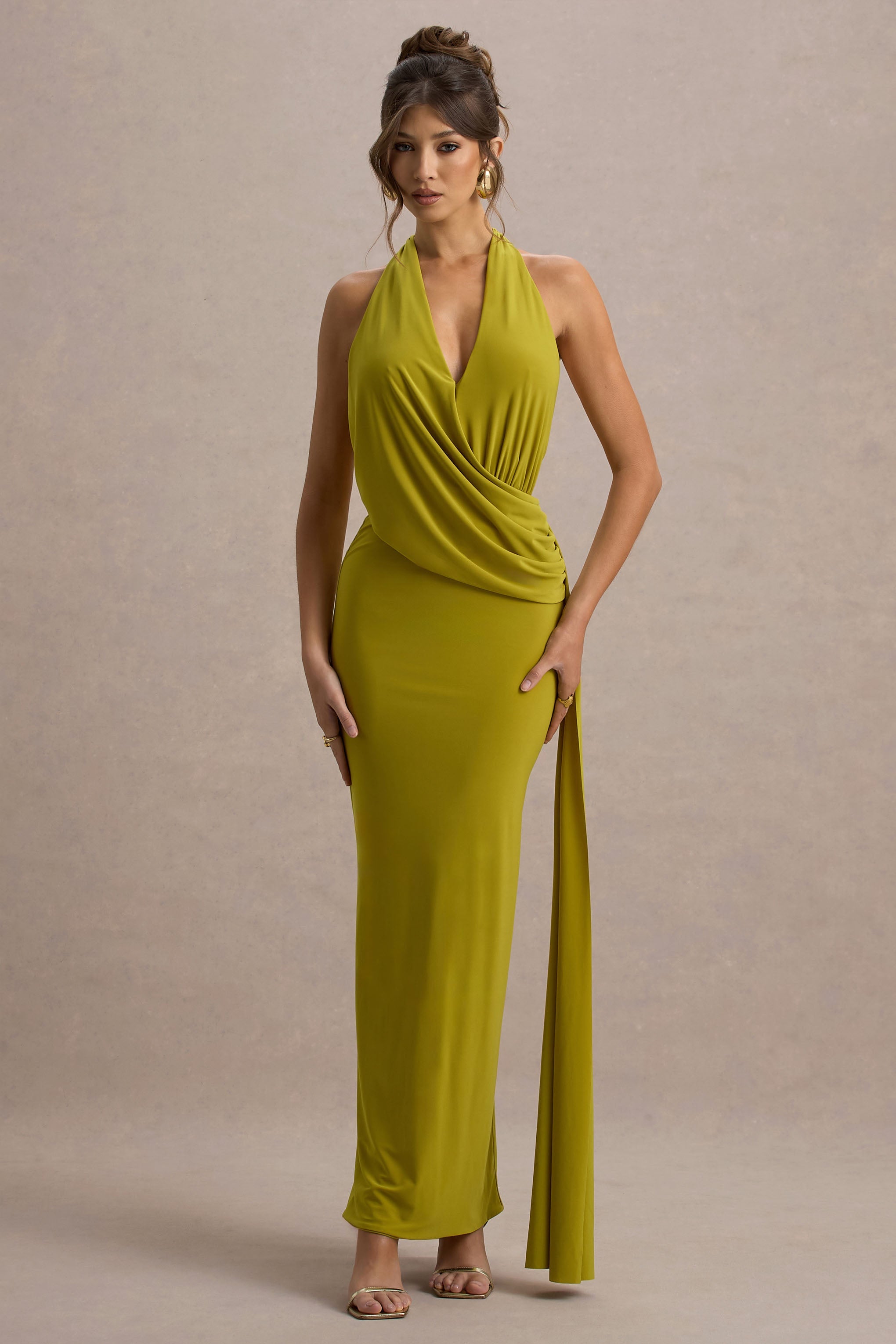 Rosina | Yeşil Halter Yaka Drapeli Maxi Elbise Sash ile
