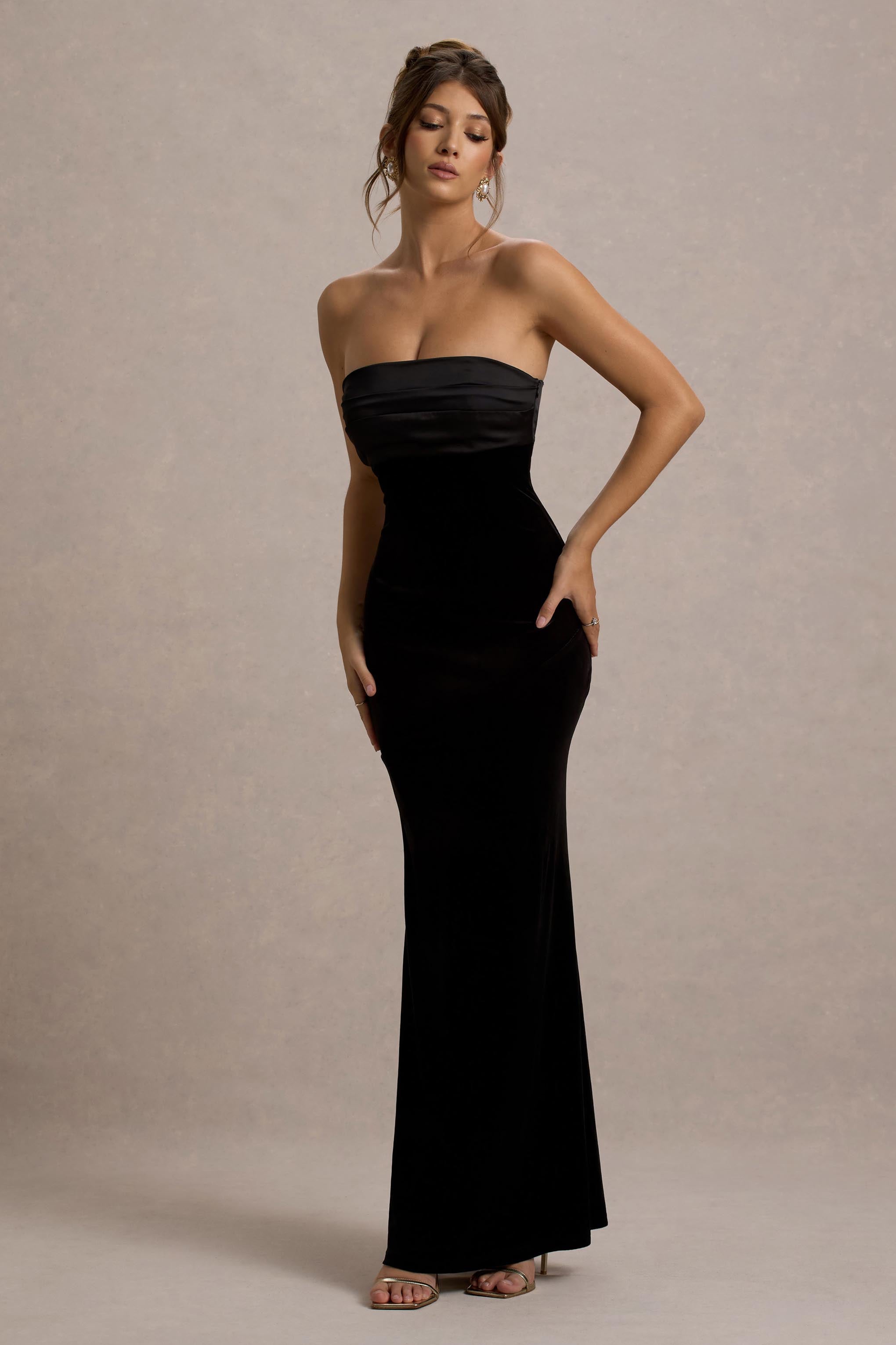 Ambrosi | Siyah Kadife Bandeau Maxi Elbise
