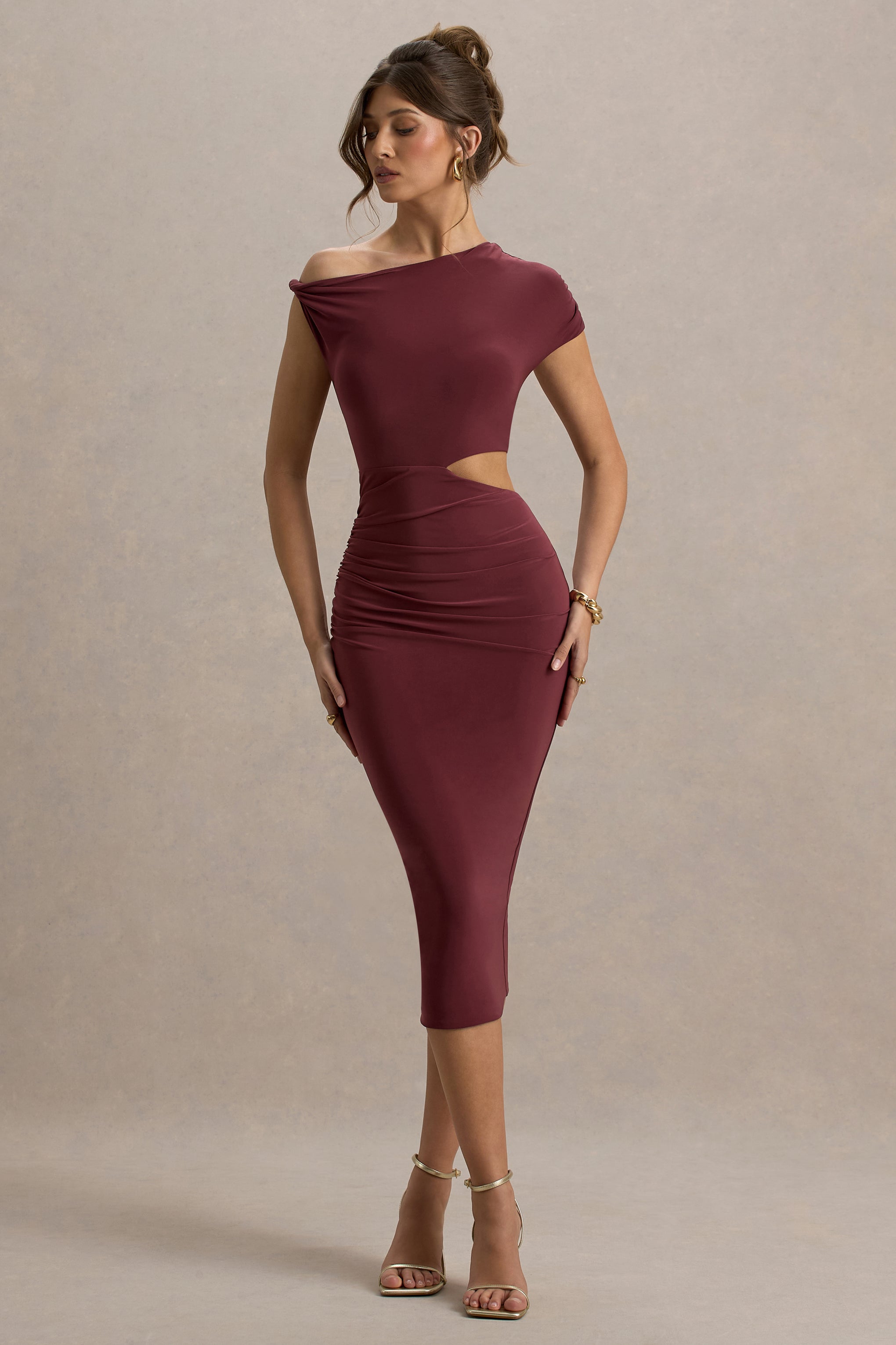 Calliope | Bordo Kesik Detaylı Midi Elbise