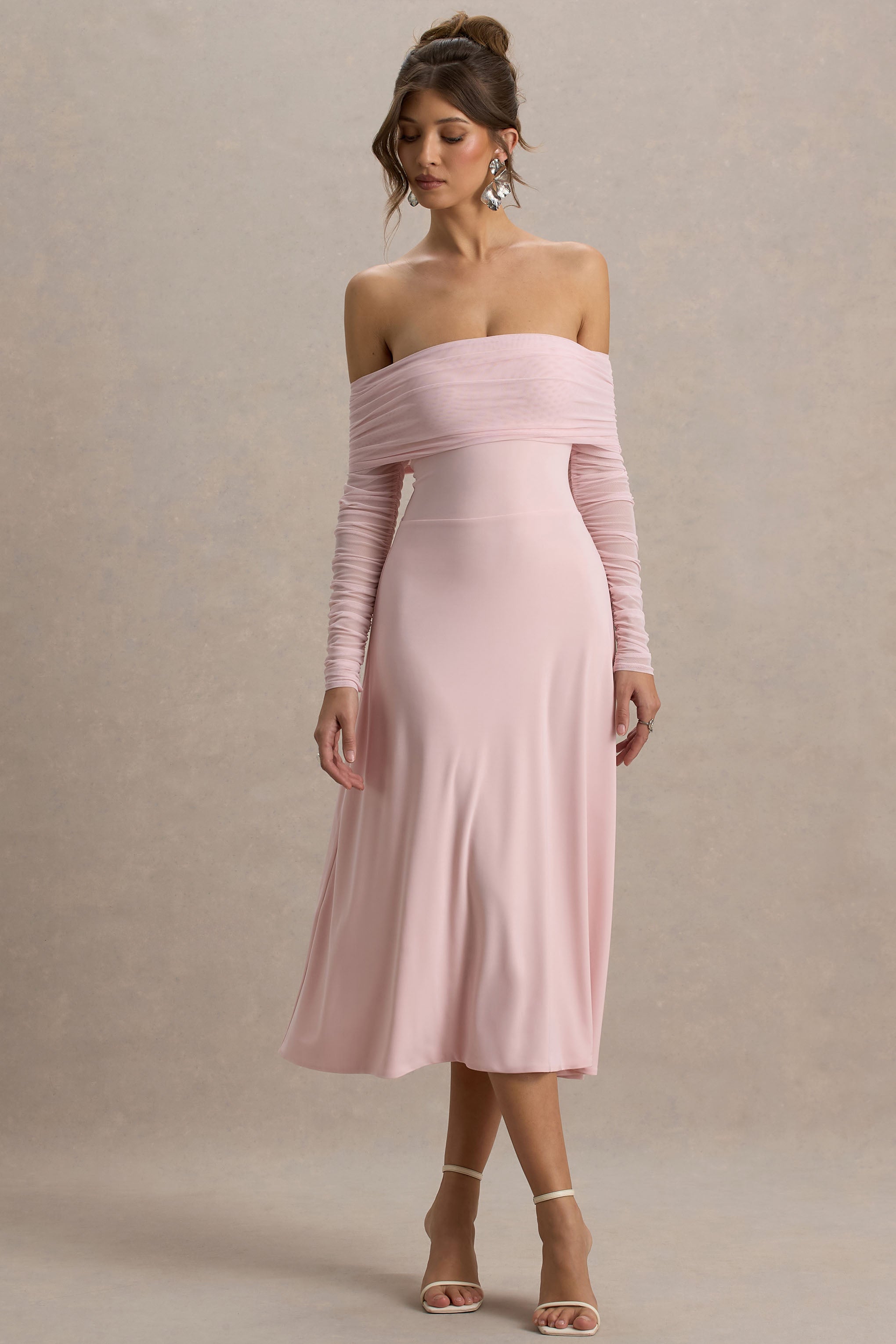Flatter Me | Açık Pembe Bardot Midi Elbise Ağı Mesh Kollar