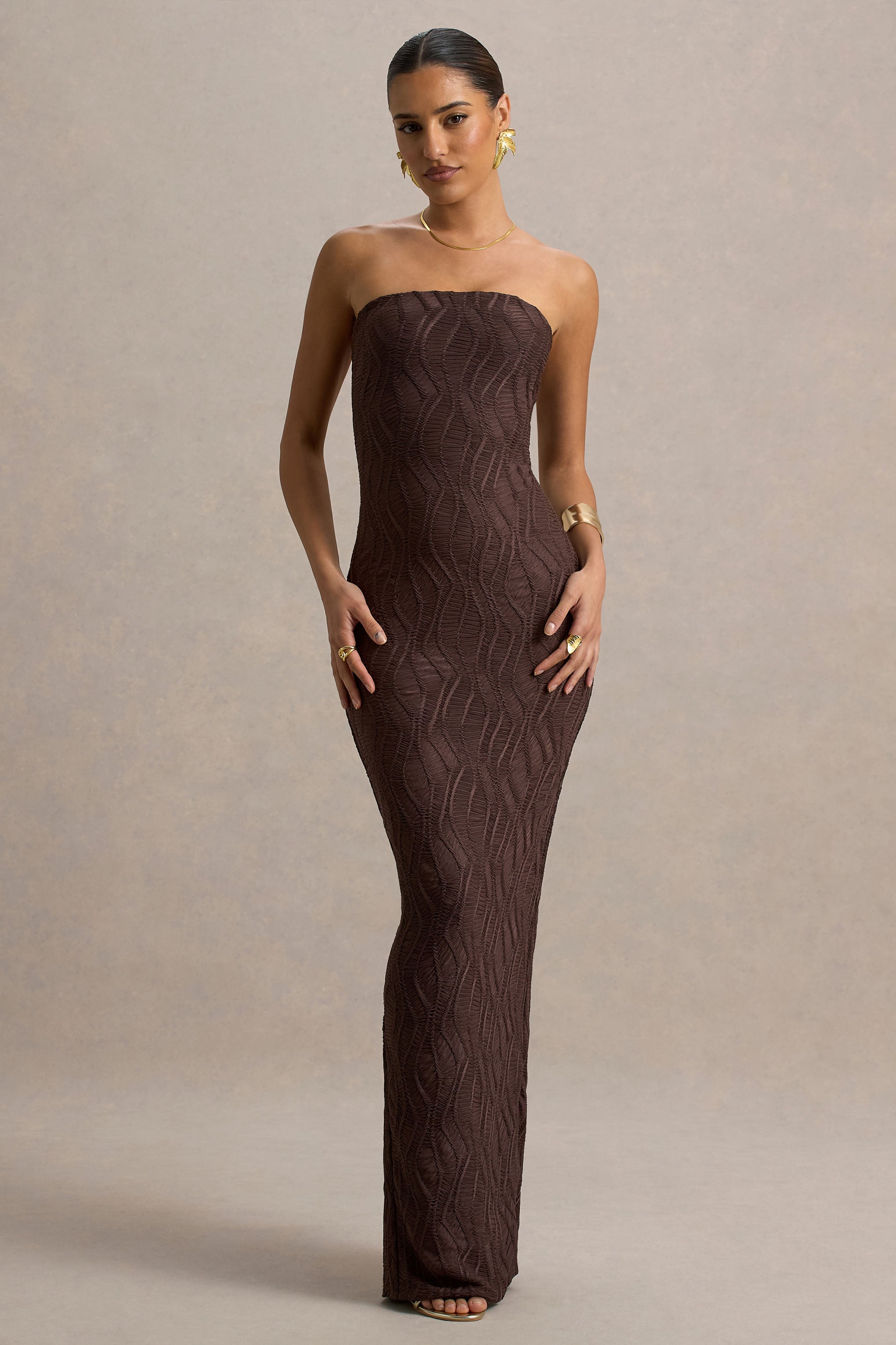 Lorela | Kahverengi Bodycon Bandeau Maxi Elbise