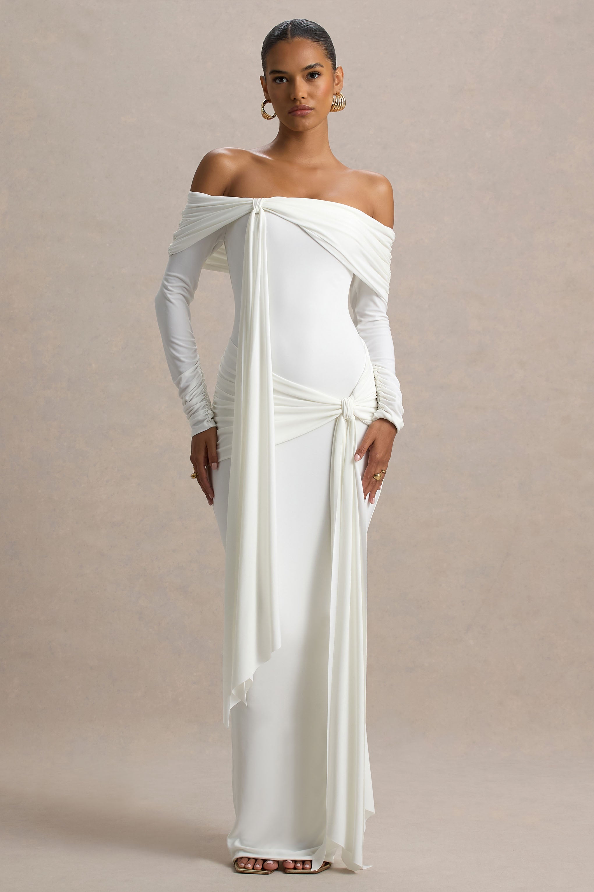 Jovie | Sash Detaylı Beyaz Bardot Maxi Elbise