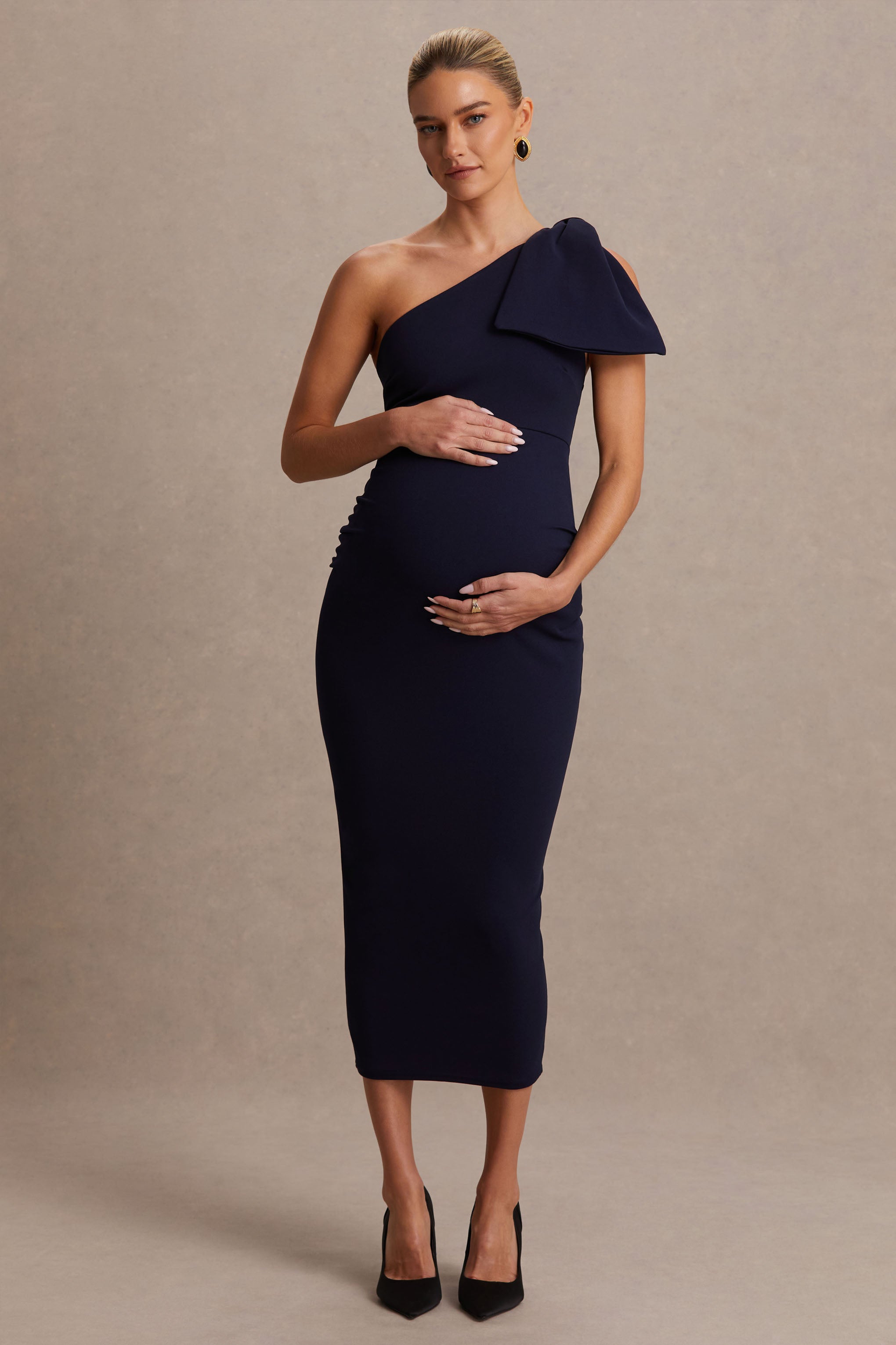 Adorn | Askı Fiyonk Detaylı Lacivert Asimetrik Hamile Midi Elbise
