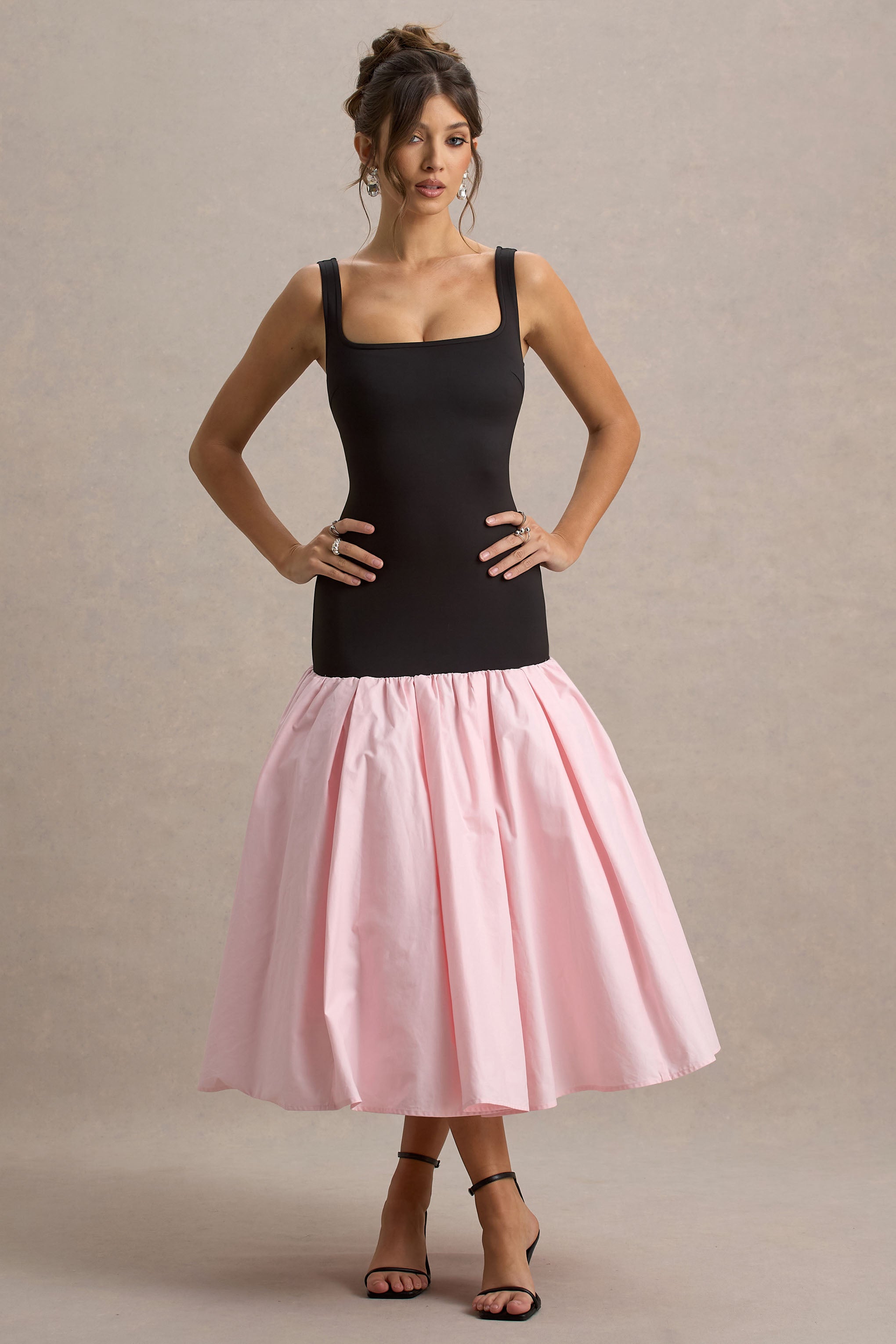 Parida | Siyah & Pembe Poplin Düşük Bel Midi Elbise Peplum Etek Ucu ile