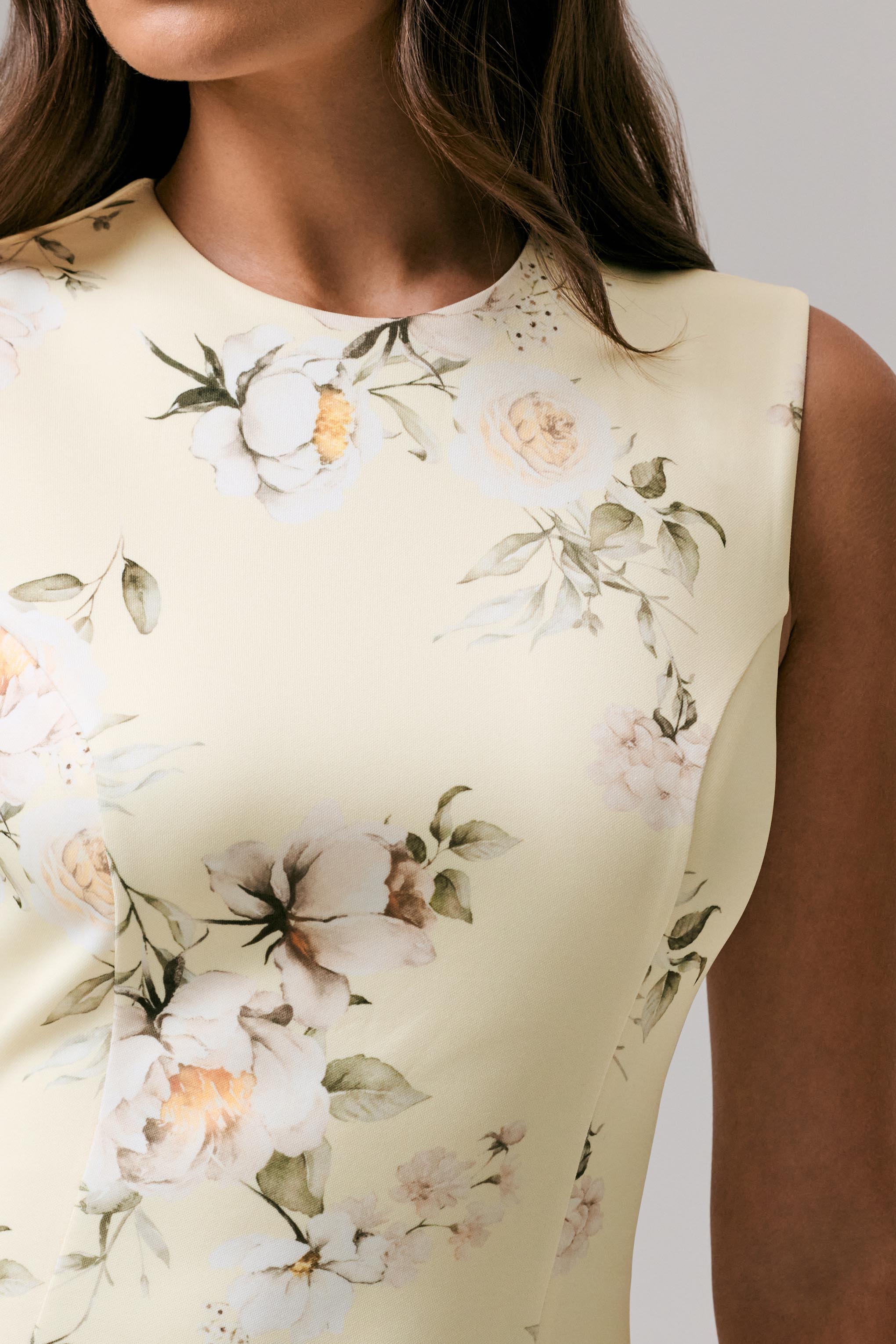 Değersiz | Limon Desenli Crew-Neck Fishtail Midi Elbise