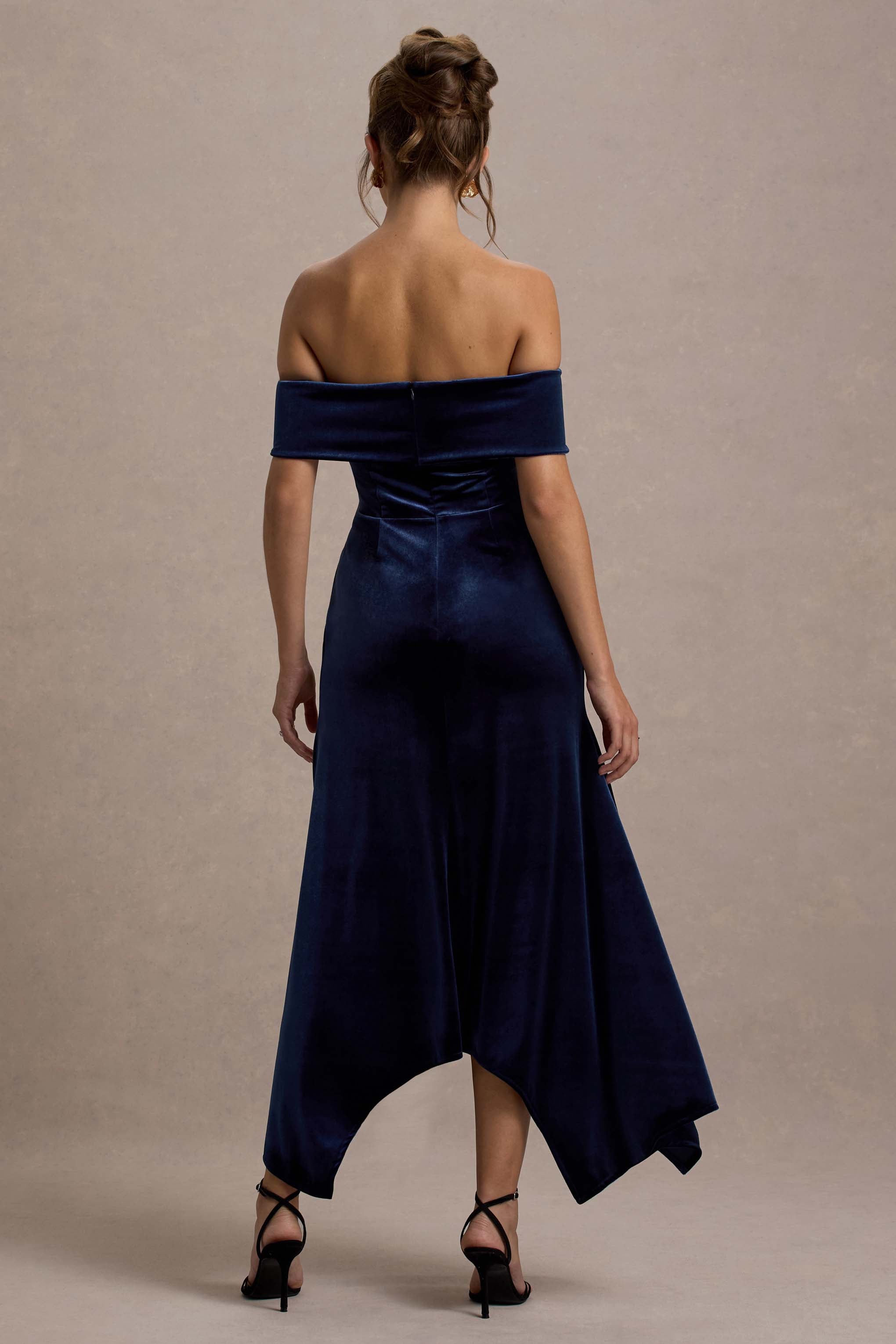 Halia | Lacivert Kadife Bardot Midi Elbise