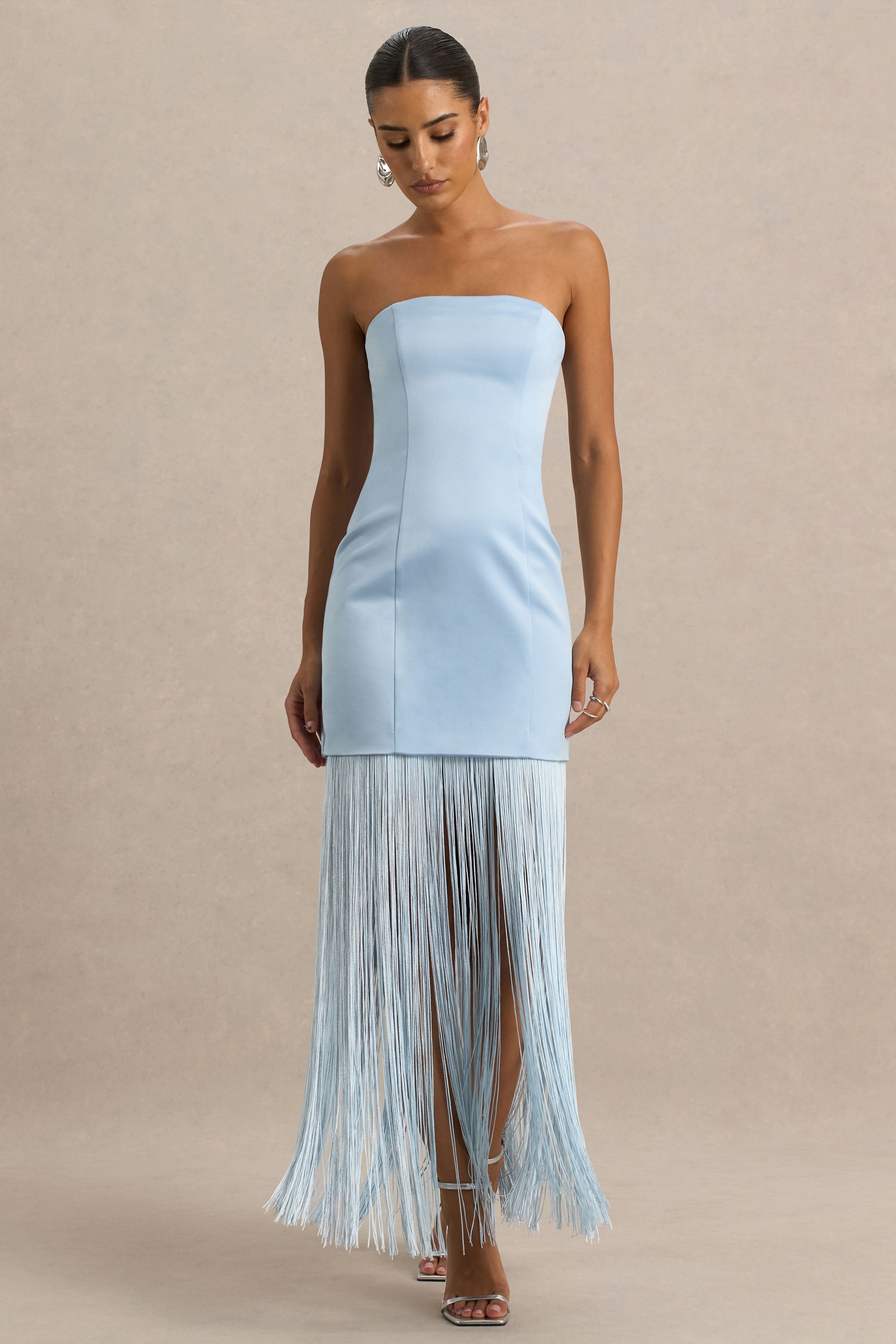 Trinity | Franjeli Pudra Mavi Saten Bandeau Maxi Elbise