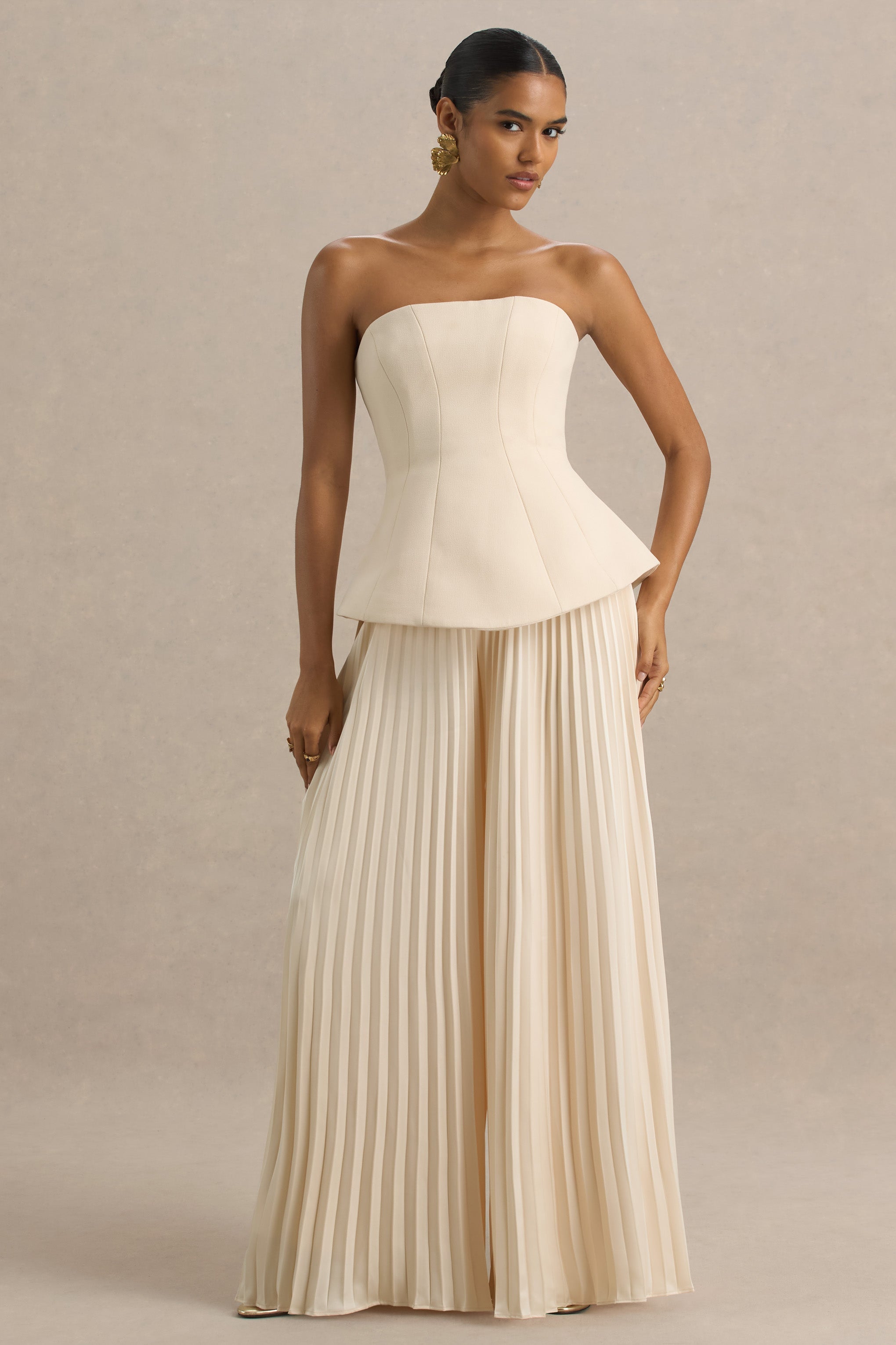 İyi Hisset | Plise Pantolonlu Nude Bandeau Tulum