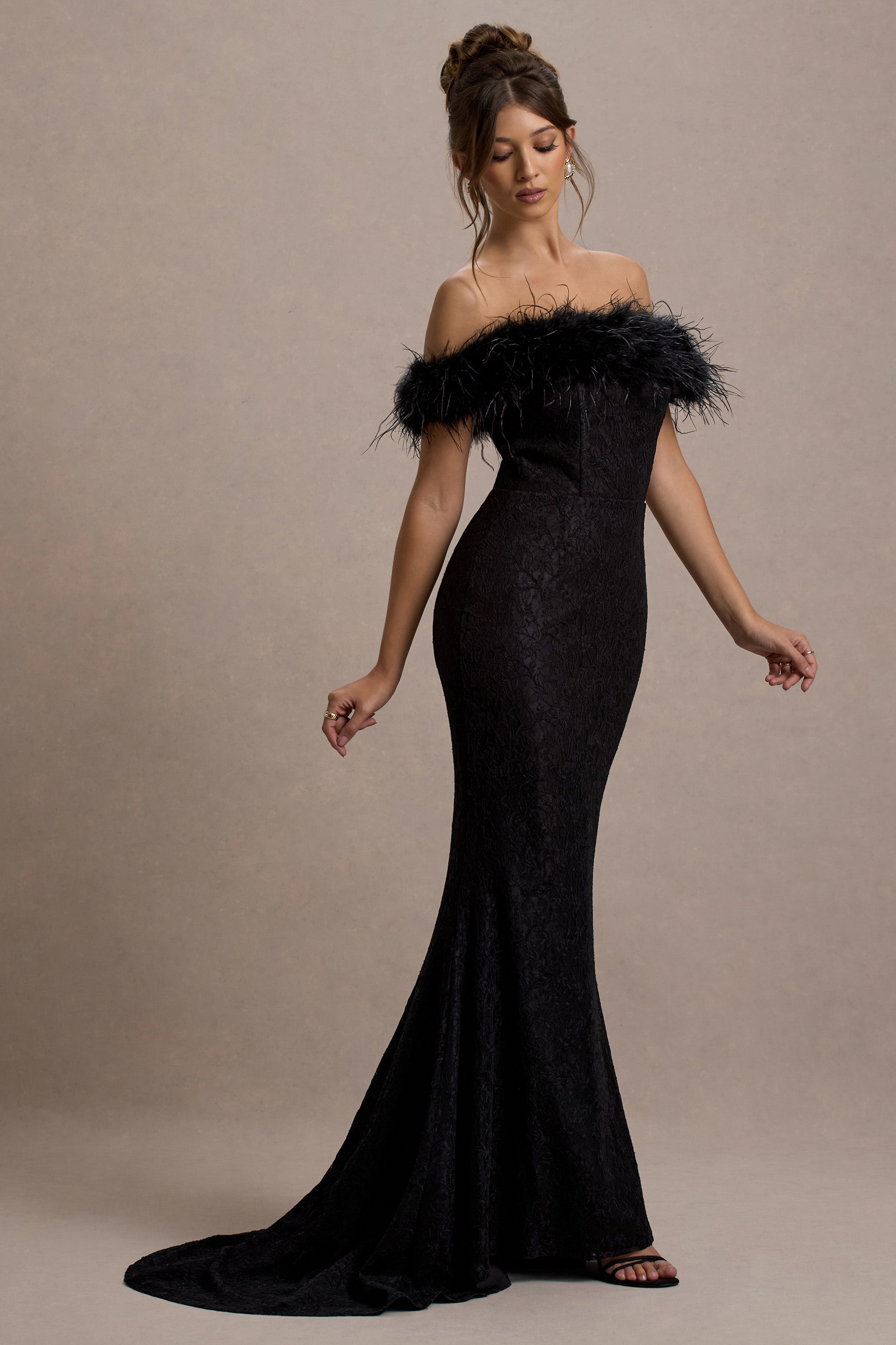 İdyll | Siyah Dantel Bardot Kuş Tüyü Fishtail Maxi Elbise