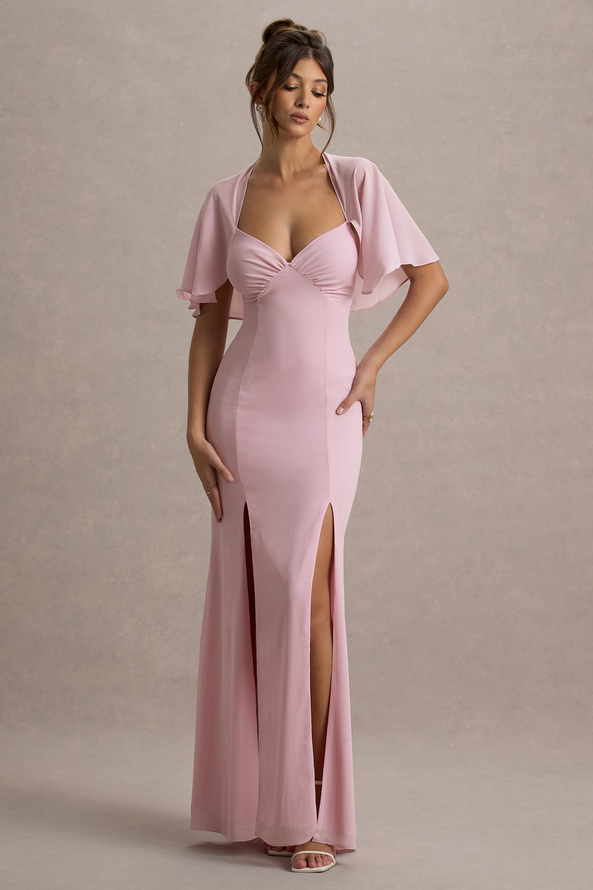 Stila | Yüksek Ön Yırtmaçlı Soluk Pembe Maxi Elbise