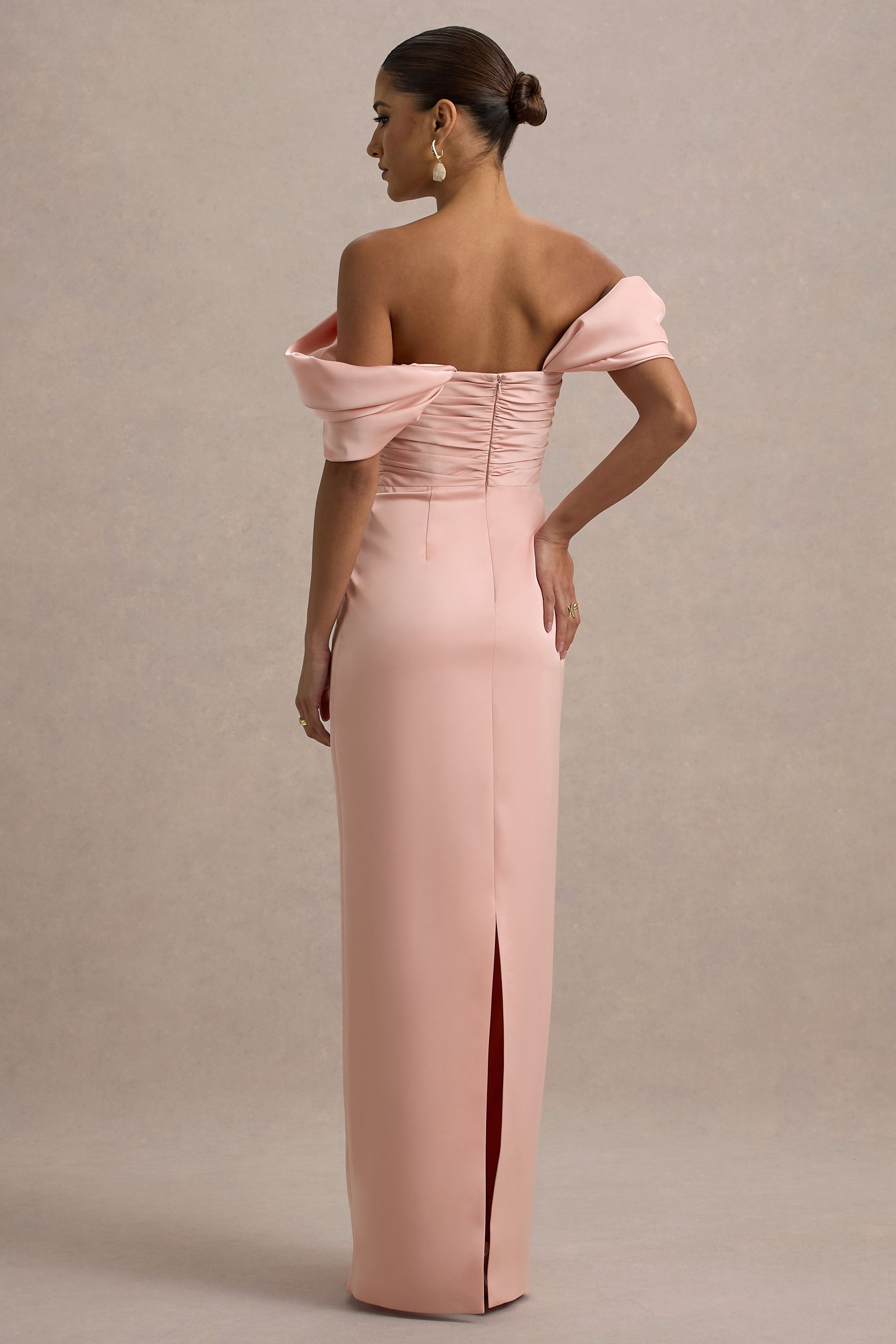 Annita | Açık Pembe Saten Bardot Maxi Elbise
