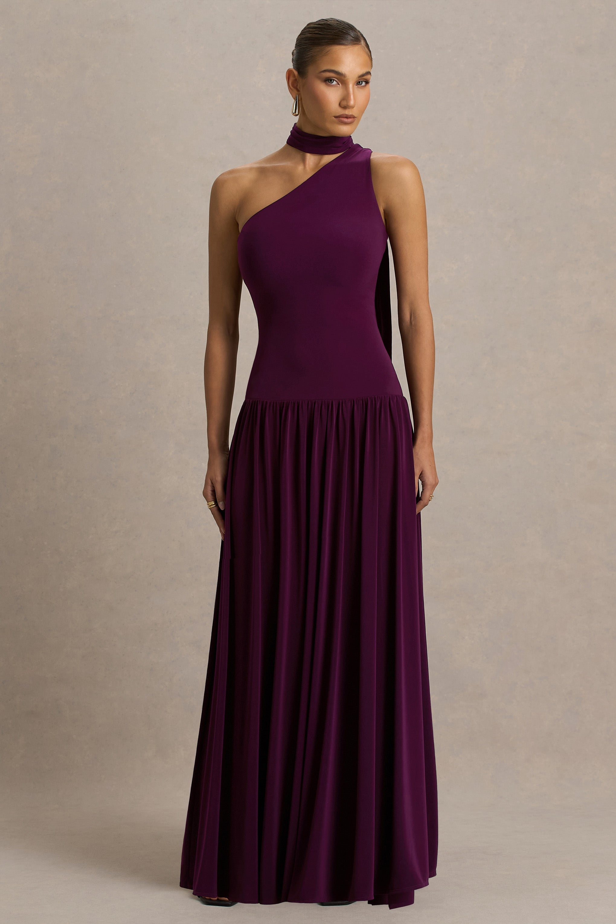 Freesia | Şal Detaylı Asimetrik Yaka Maxi Elbise