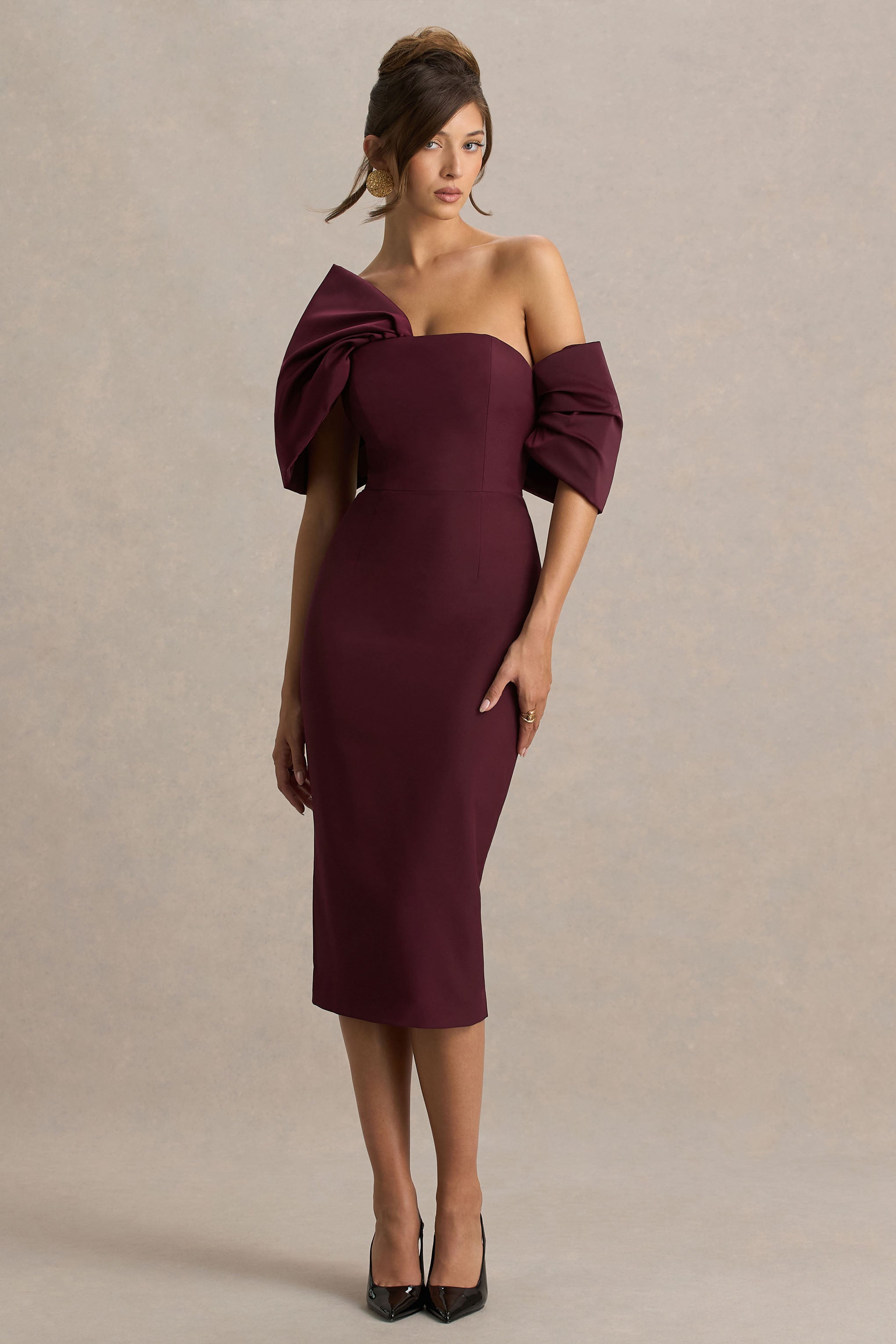 Lucille | Bordo Asimetrik Bardot Midi Elbise