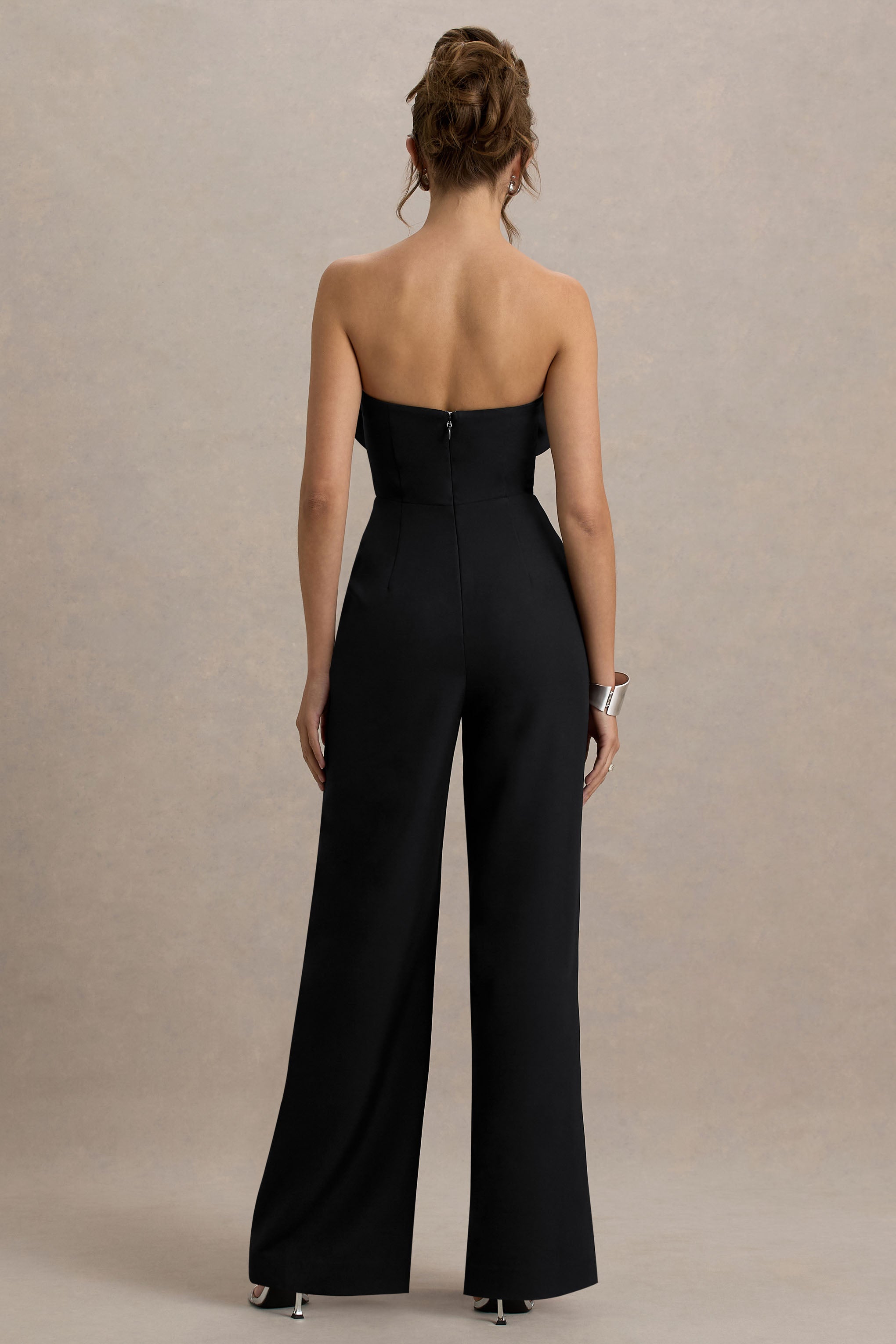 Opia | Büyük Çiçek Korsajlı Siyah Bandeau Geniş Paça Tulum