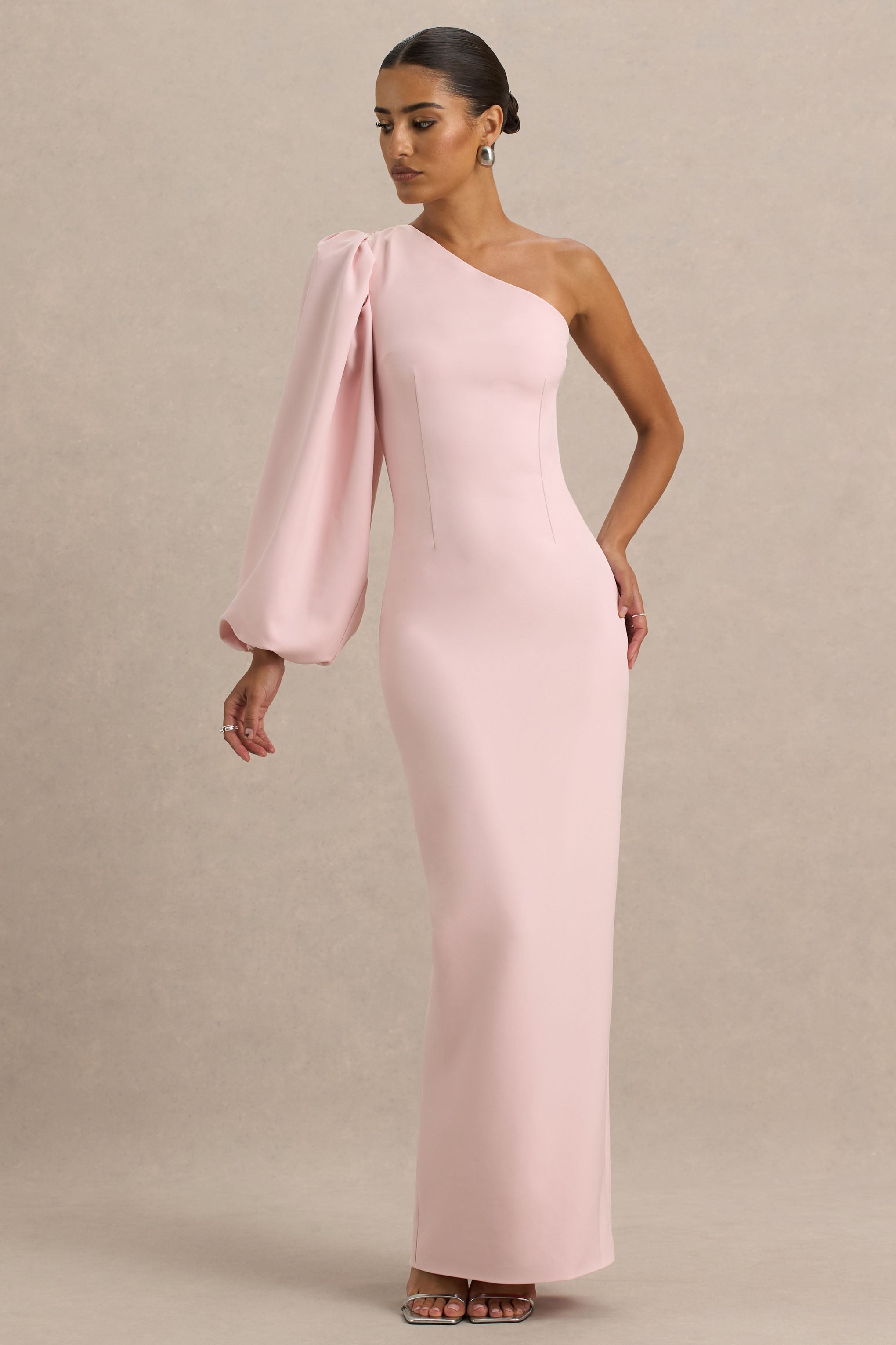 Kellis | Pembe Asimetrik Maxi Elbise, Balon Kol