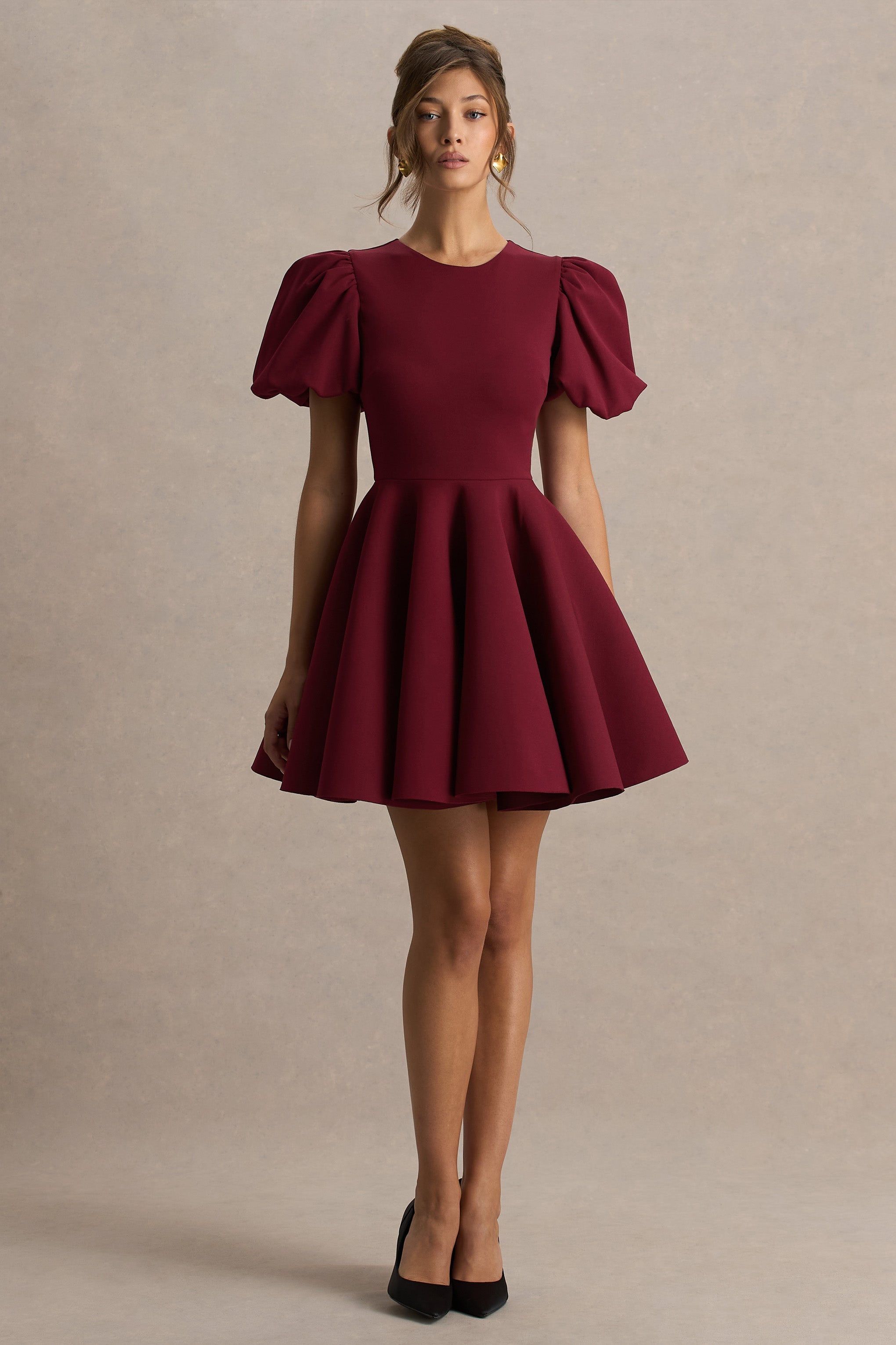Emelia | Bordo Puff-Sleeve Skater Mini Elbise