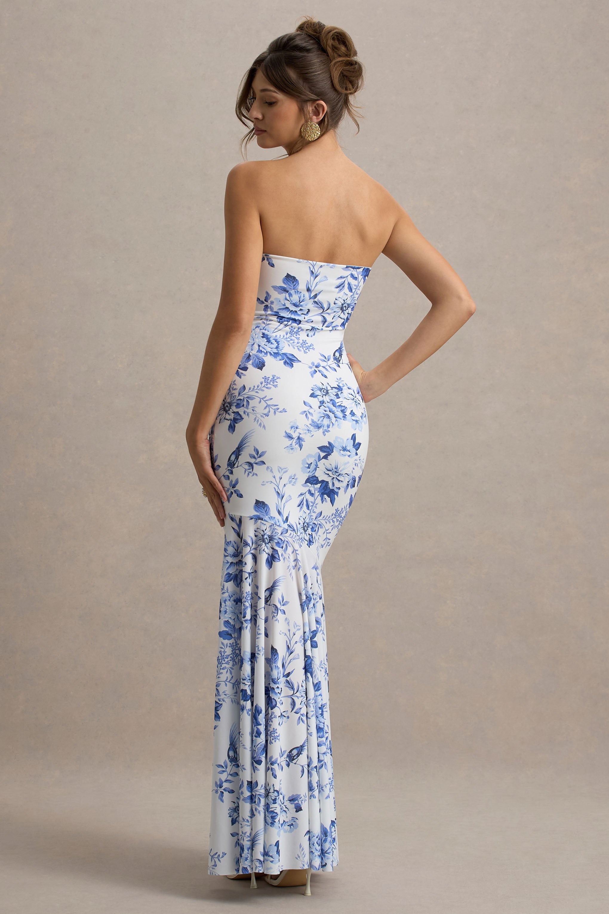 Callie | Mavi Porselen Desenli Bandeau Kuyruklu Maxi Elbise